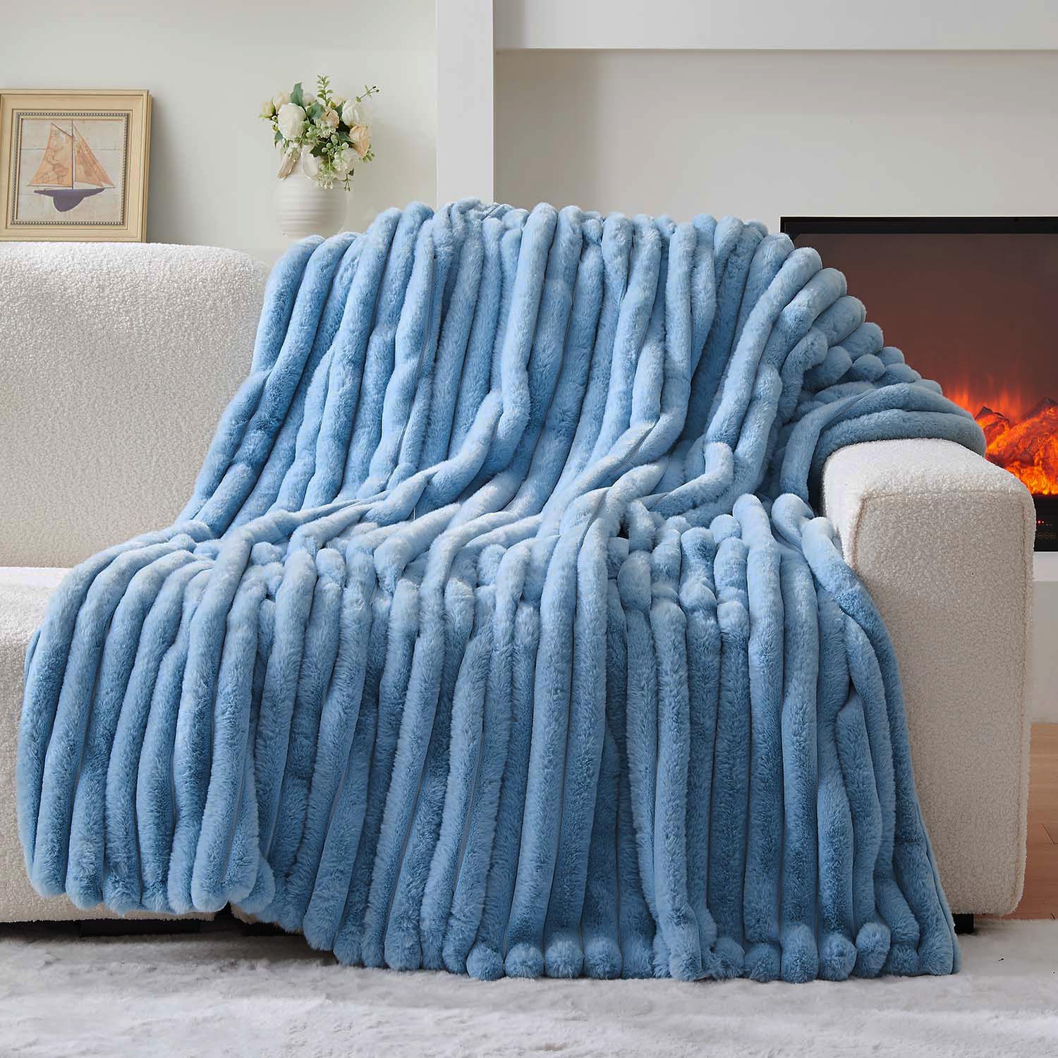 Lotus Karen Faux Fur Twin Blanket for Couch, Cozy Soft Fluffy Fuzzy Cream White Blanket, Striped Warm Thick Furry Plush Shaggy Small Blankets for Women,60x80 Inches