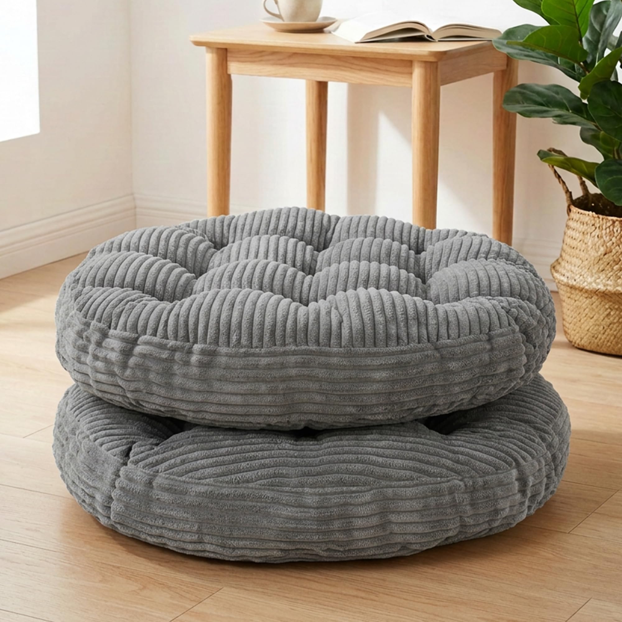 Large Floor Pillow for Adults, 22x22" Memory Foam Floor Cushion with Corduroy Cover, Round Floor Sitting Cushions for Meditation, Lounge,Seating for Yoga, Tatami Living Room (2, Round-Black)