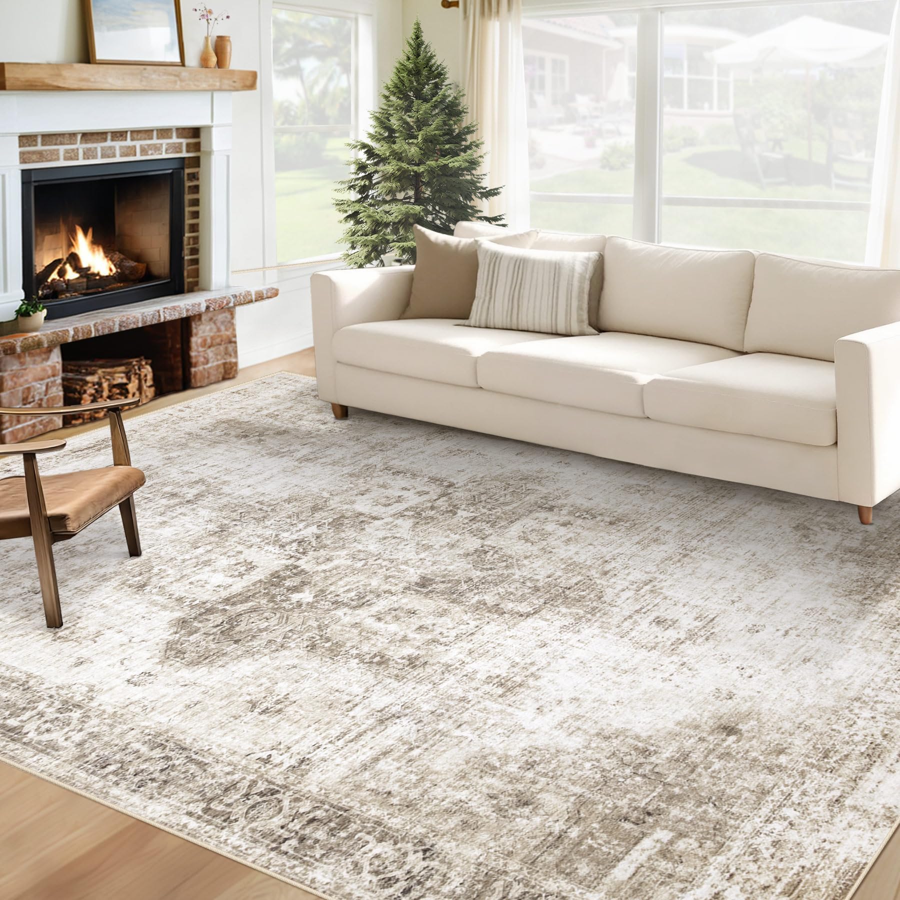 Beige 8x10ft Washable Boho Rug, Non-Slip Low Pile Carpet for Home & Office