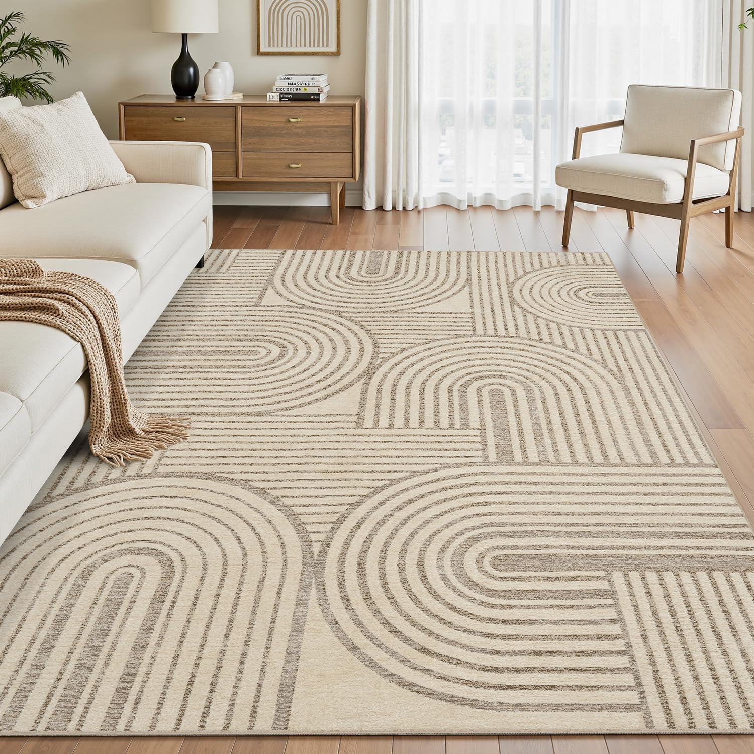 Beige Neutral 5x7 Area Rugs Textured Tufted Rugs for Living Room Bedroom Rug-Carpet Cream Ivory Washable Geometric Moroccan Modern Rug