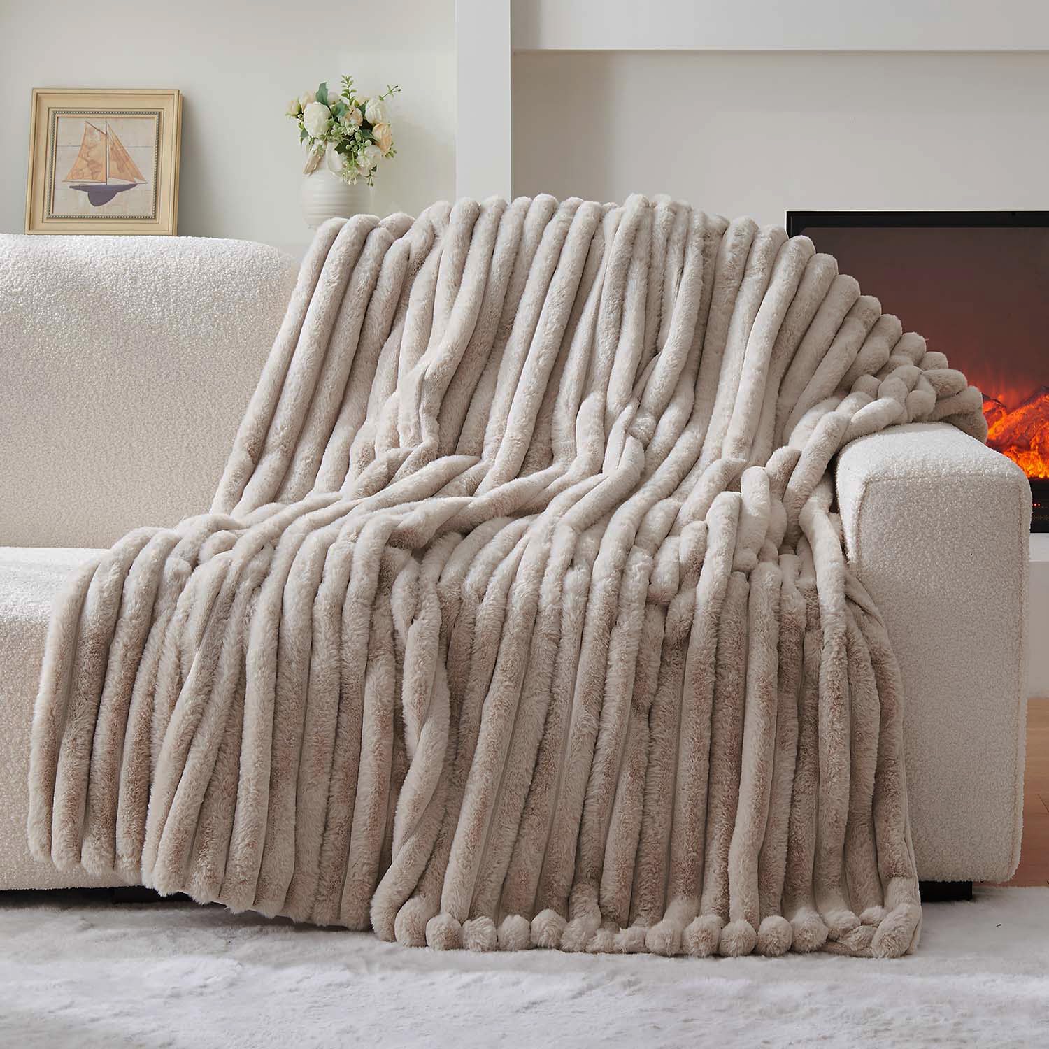 Lotus Karen Faux Fur Twin Blanket for Couch, Cozy Soft Fluffy Fuzzy Cream White Blanket, Striped Warm Thick Furry Plush Shaggy Small Blankets for Women,60x80 Inches