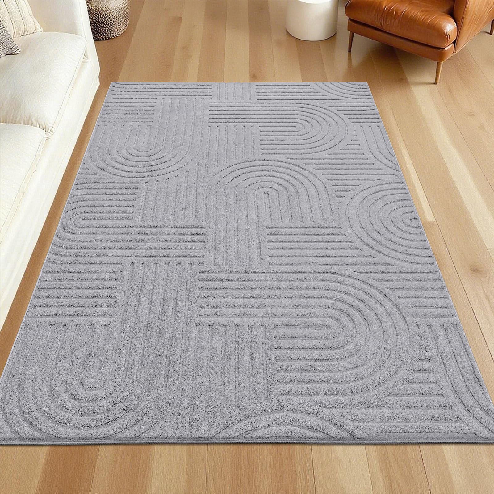 SHACOS Soft Cozy Fluffy Arch Pattern High-Low Pile Textured Area Rug 5'3"x7'3" Non Slip Washable Modern Geometric Rug Stain Resistant Contemporary Carpet for Living Room Bedroom Dining Room, Beige