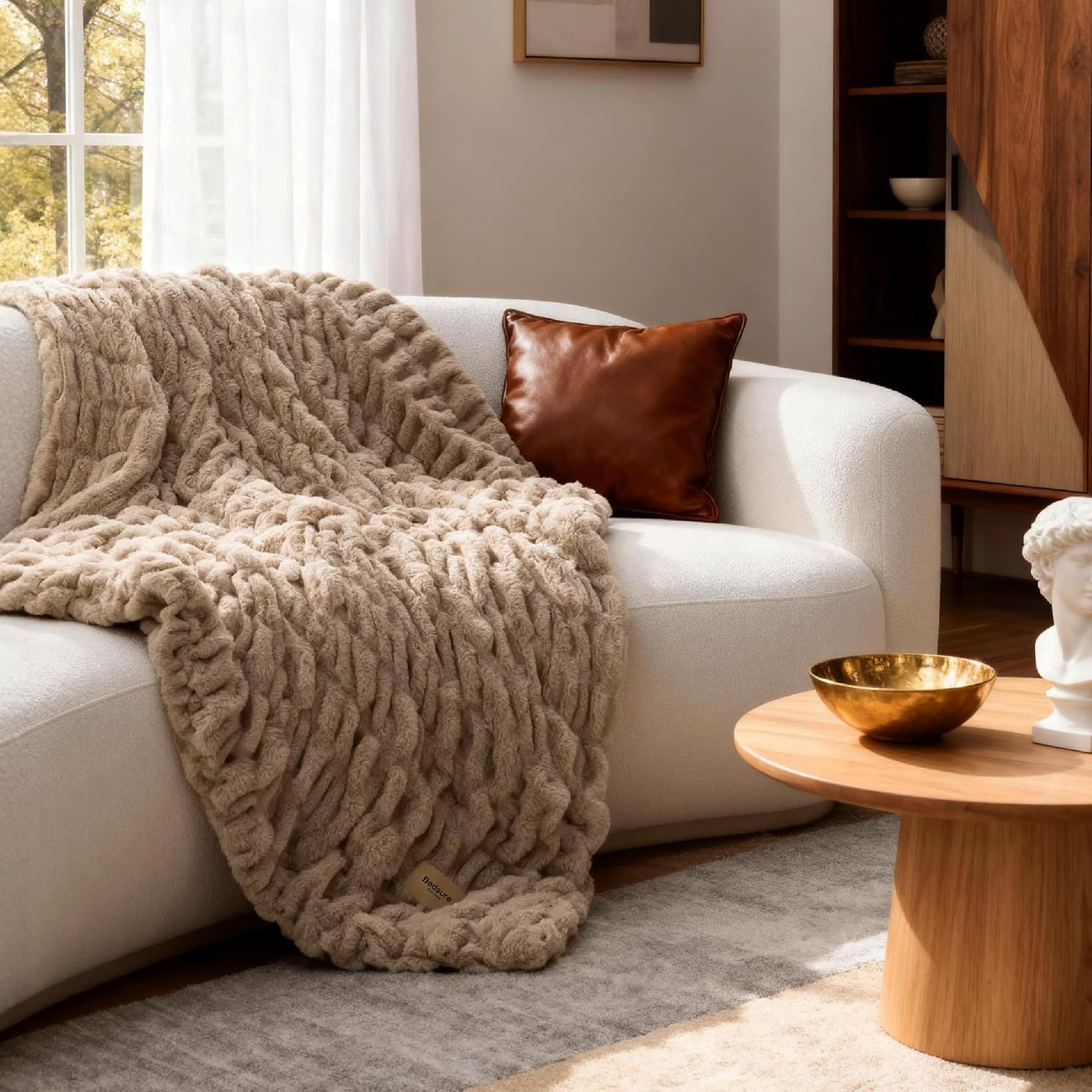 Bedsure Gentlesoft Fluffy Cozy Faux Fur Throw Blanket for Couch, Soft Fuzzy Plush Furry Blanket, Double-Sided Faux Rabbit Fur Thick Warm Chair Throws, Luxury Gifts for Women, 50" X 60", Light Brown