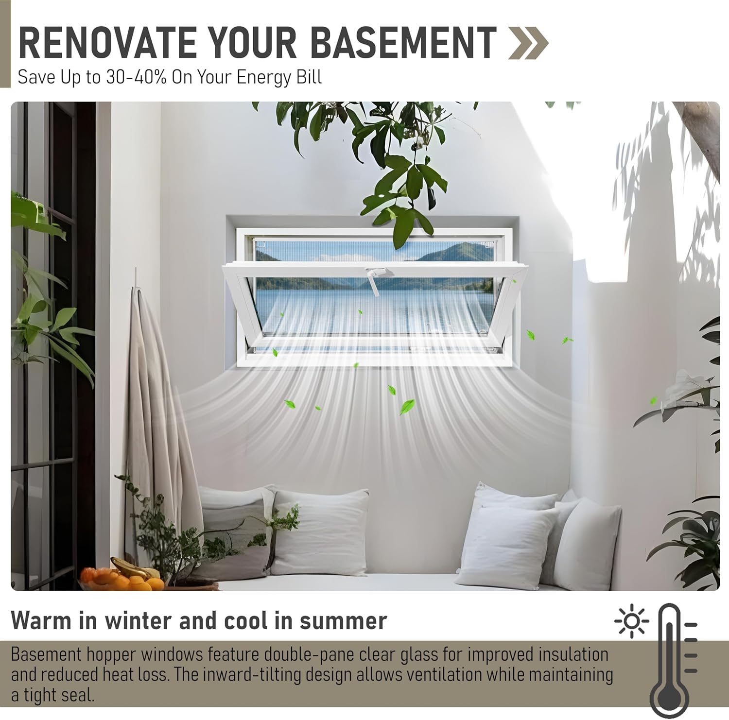 Vinyl Hopper Basement Window, 36" x 24" Sliding Bathroom Window with Double Pane Insulated Tempered Glass and Fiberglass Mesh Screen Window for Basement Bathroom Home RV Garage (White)