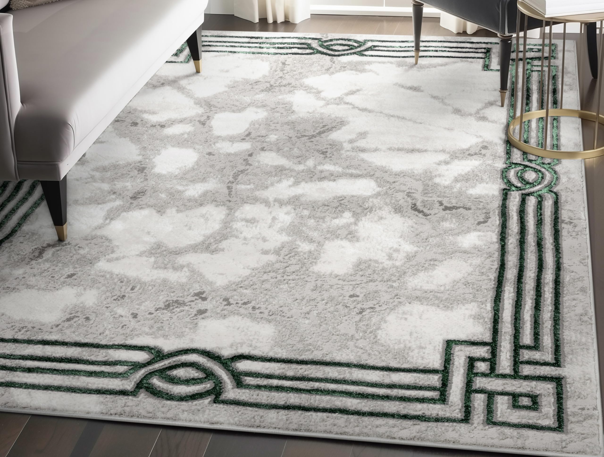 Well Woven Fairmont Collection Huntington Grey Gold & Ivory Marble Border Elegant & Soft 5x7 Area Rug Perfect for Bedroom & Living Room Durable Stain Resistant & Easy to Clean