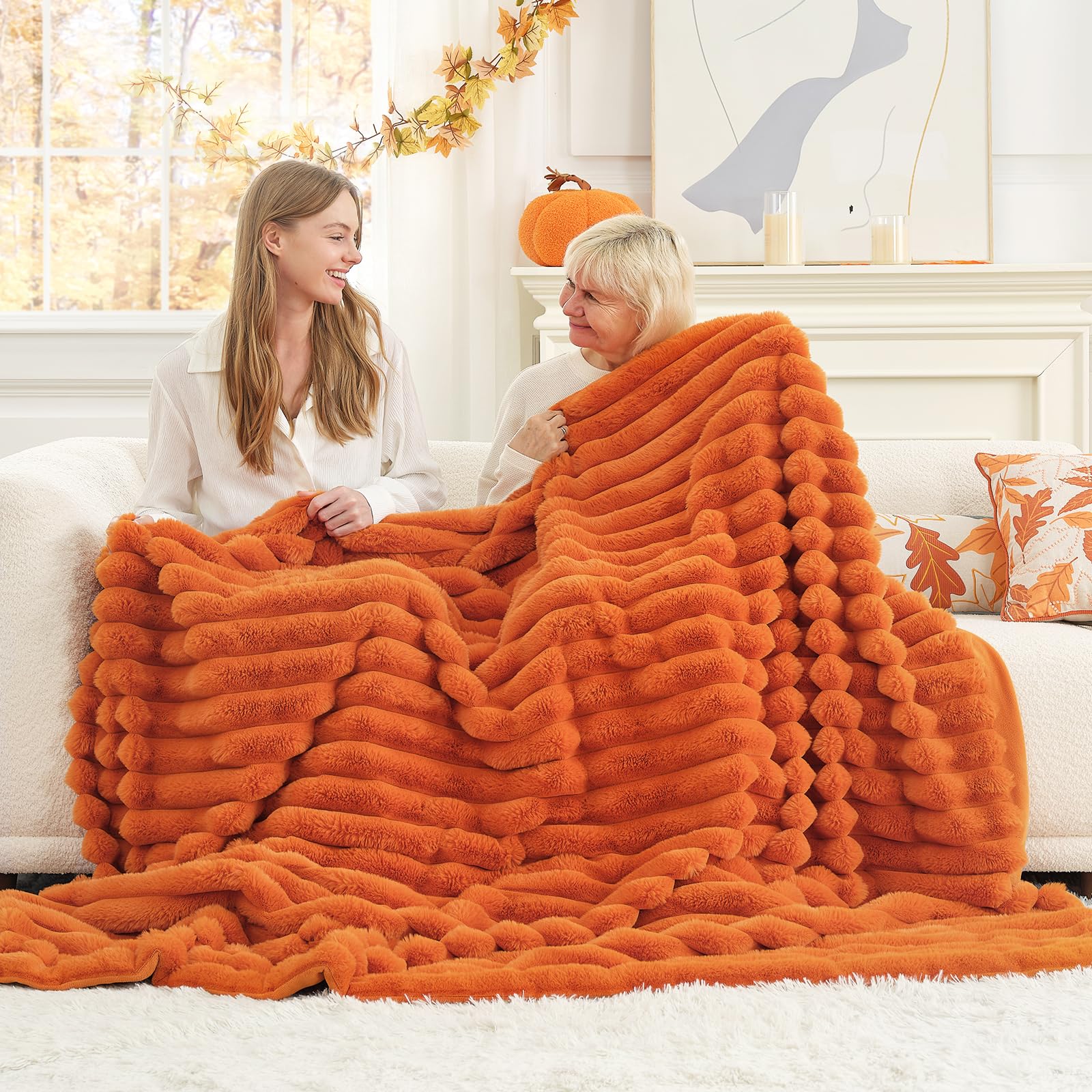 Cozy Bliss Faux Fur Throw Blanket for Couch, Cozy Warm Plush Striped Blanket for Sofa Bedroom Living Room, 60 * 80 Inches Cream White