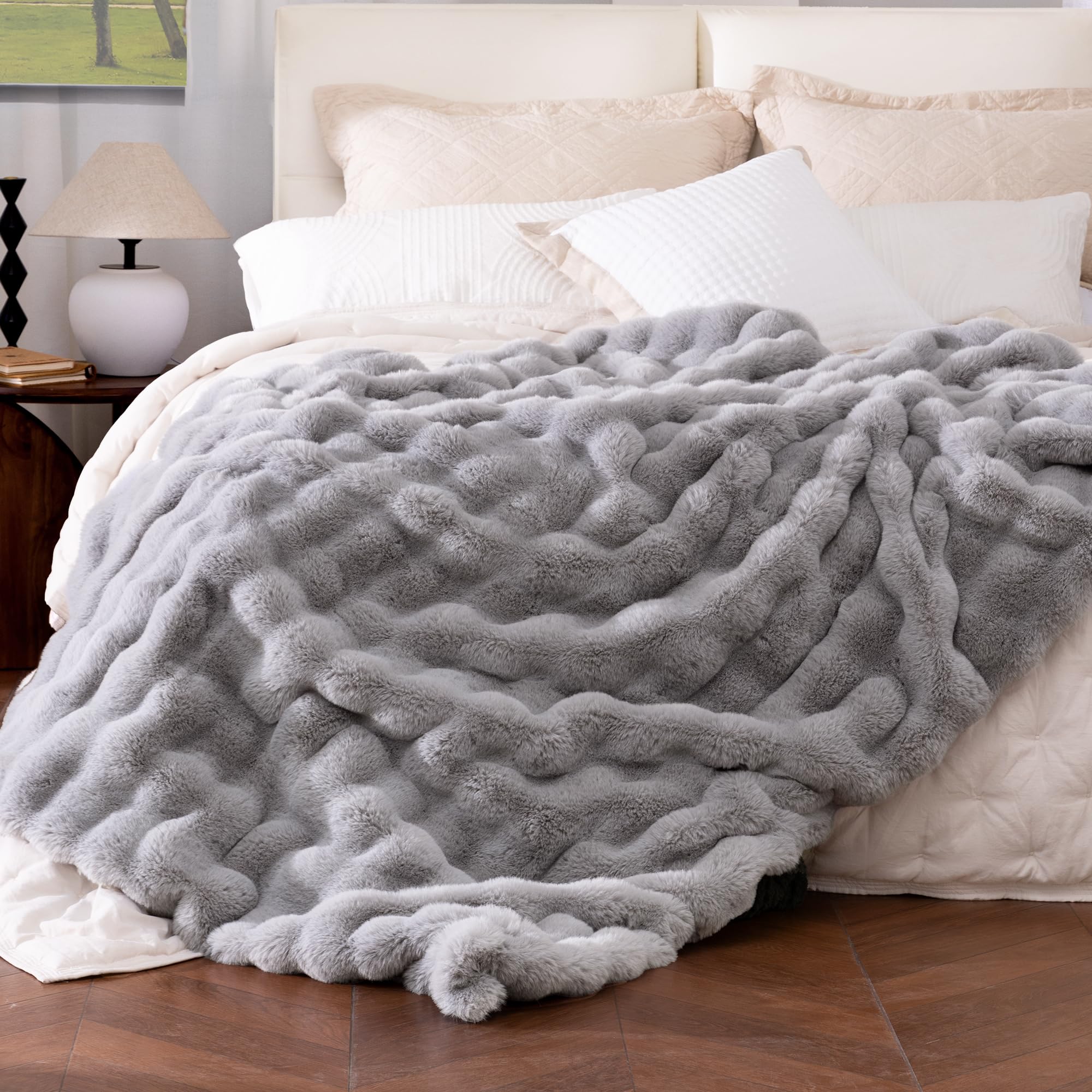 Ultra Soft Cozy Faux Fur Throw Blanket-Fuzzy Plush Thick Bubble Blanket, Fluffy Blanket for Couch, Sofa, Bedroom, and Living Room, 50x60 Inches, Dark Grey Taupe