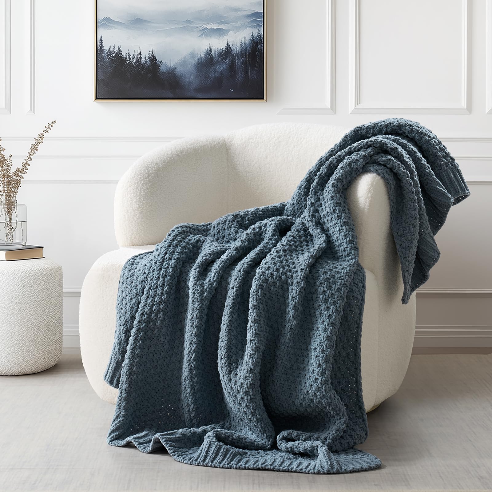 EVERGRACEHOME Modern Checkered Chenille Throw Blanket, Soft Cozy Plaid Knitted Chair Blanket for Sofa Couch, Decorative Knit Throw for Bed and Living Room, Sand Dune, 50" x 60"