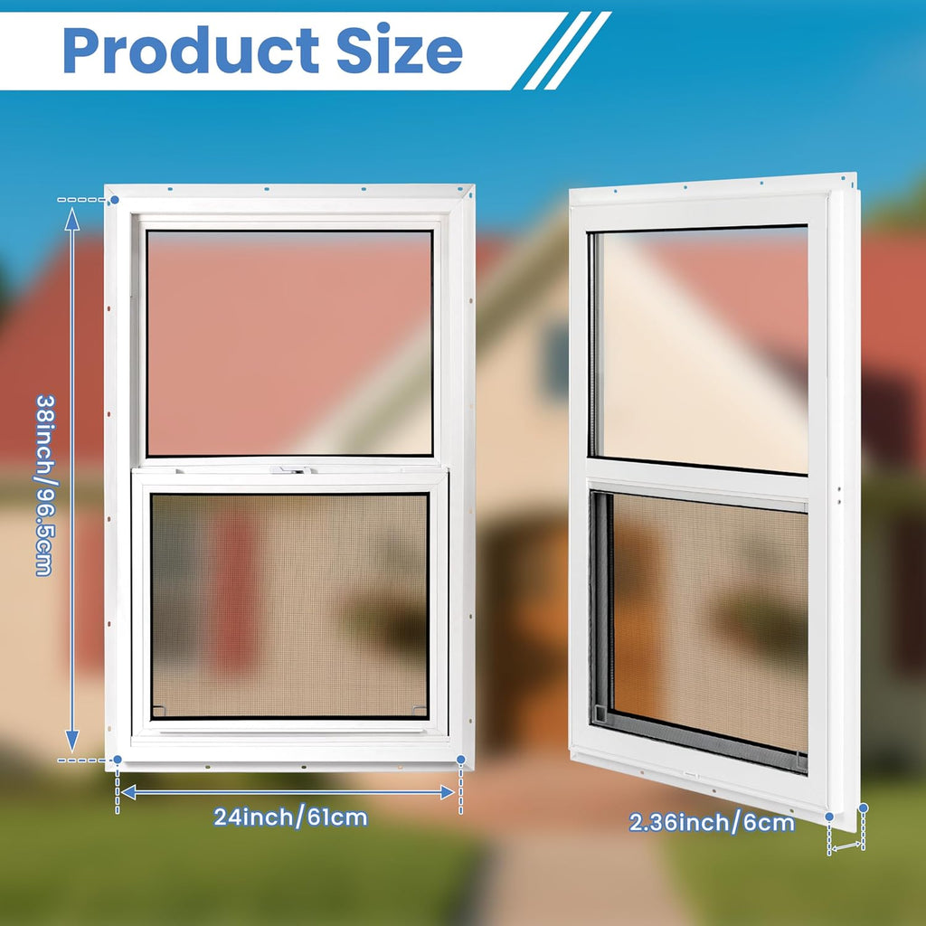 Vinyl Single Hung Sliding Window, 24" x 38" Household Window with Double-Pane Insulated Tempered Glass, White Energy-Efficient Soundproof Window for House, Mobile Home