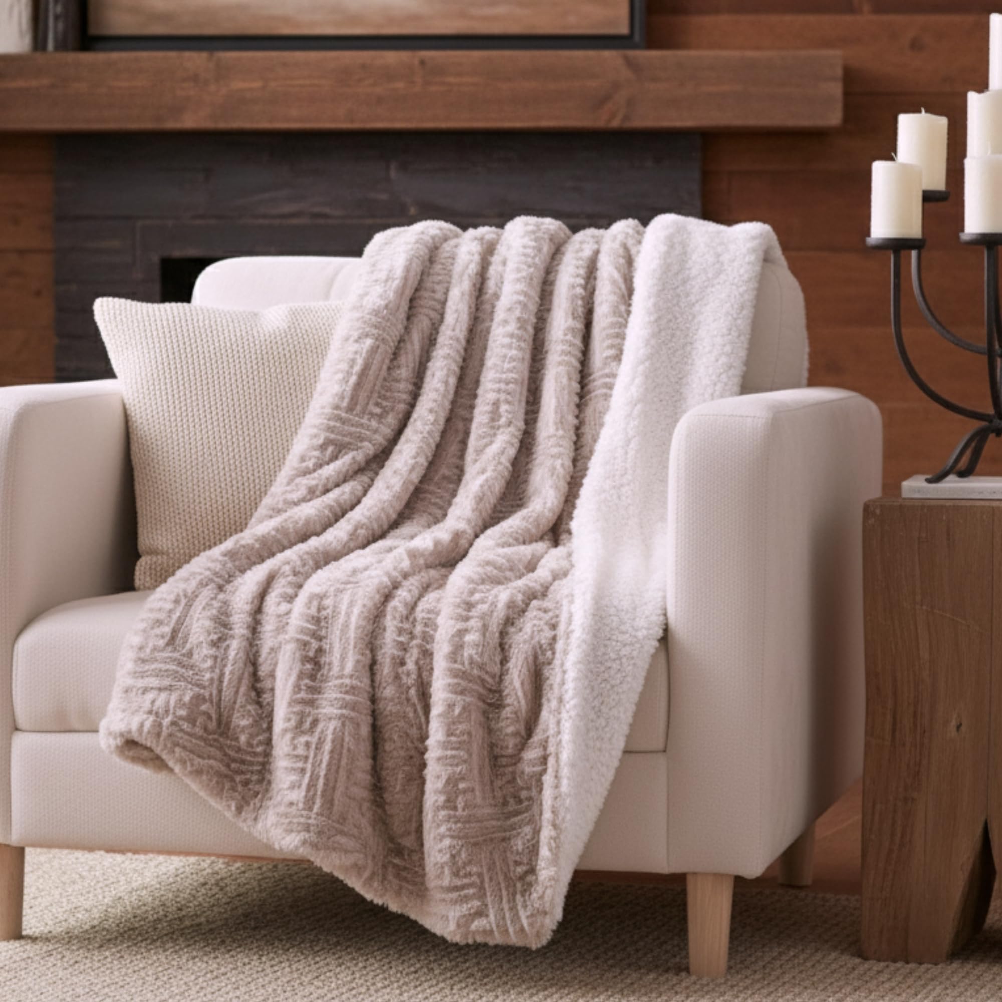 DaDa Bedding Luxury White Faux Fur Throw Blanket - Dreamy Milky Way Cloud Purple Undertone Embossed Sherpa Backside - Super Soft Warm Cozy Plush Fluffy - 50" x 60"