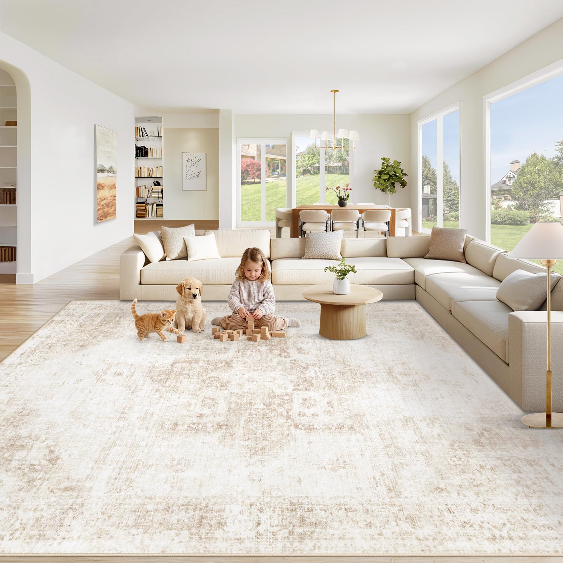 Beige 8x10ft Washable Boho Rug, Non-Slip Low Pile Carpet for Home & Office