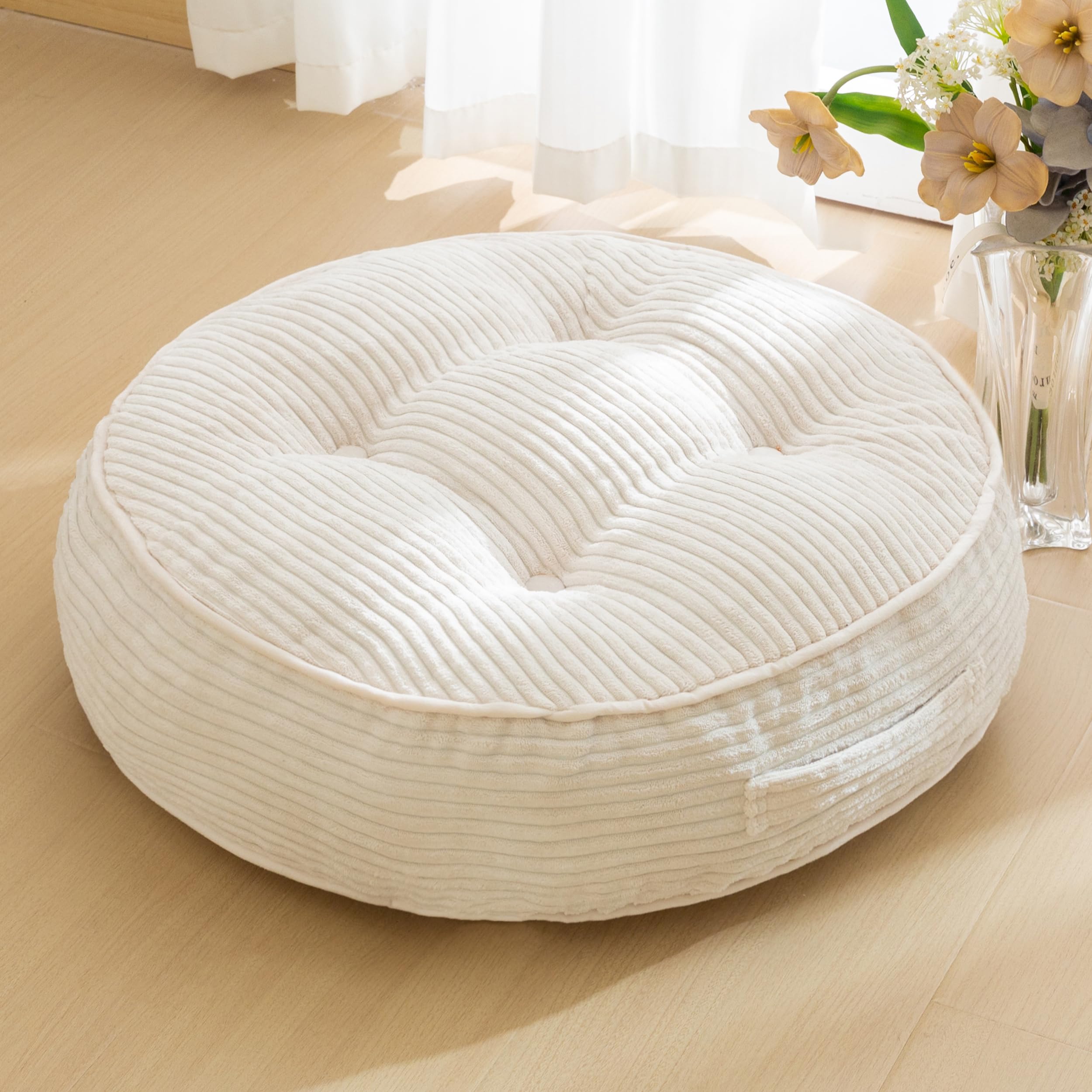 HIGOGOGO Floor Pillow Cushion for Adults, Meditation Cushion Pillow, Large Round Floor Sitting, Tufted Corduroy Cover, for Tatami Living Room or Yoga, 22x22 Inch, Beige