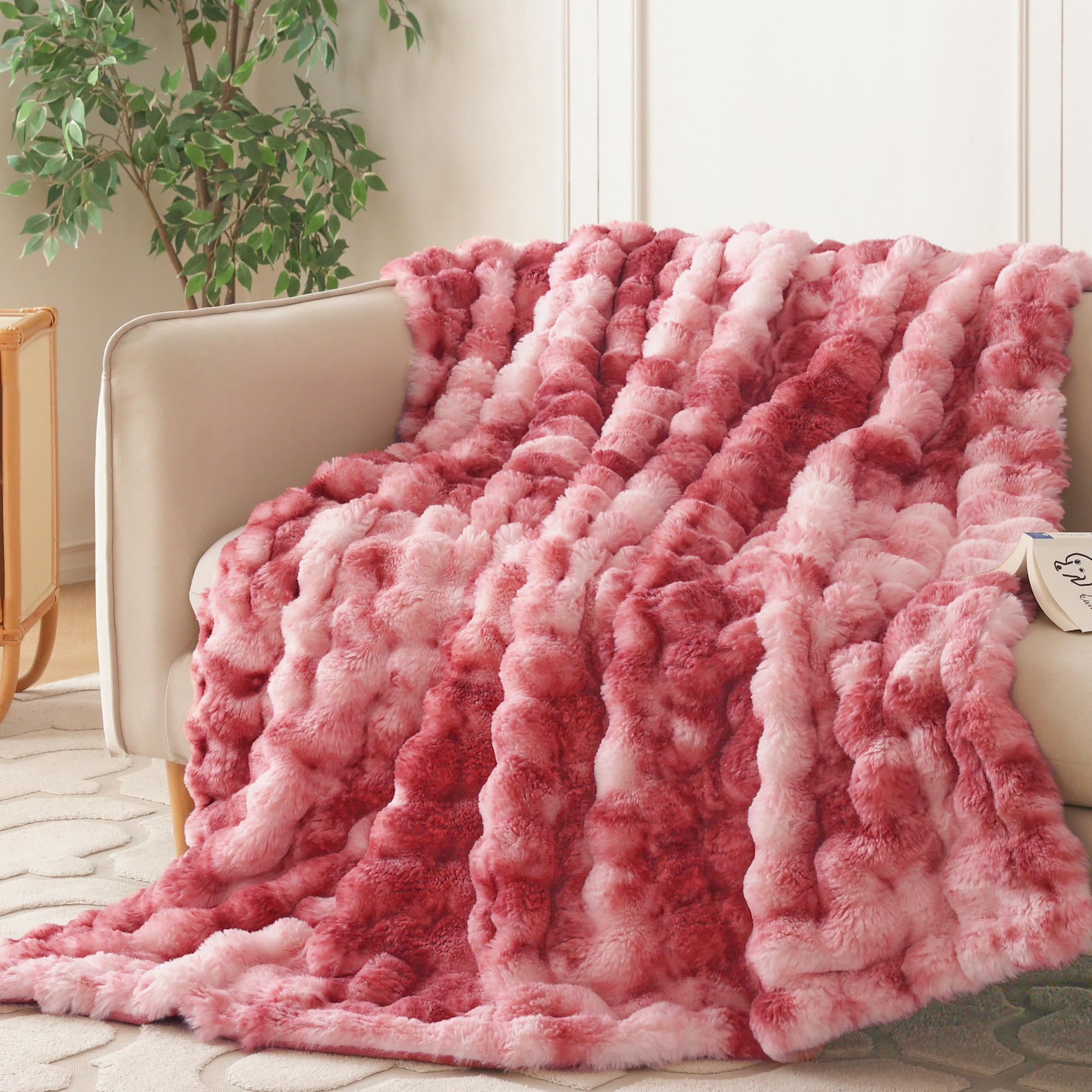 COOVA Faux Fur Throw Blanket for Couch, Cozy Soft and Fuzzy Plush Rabbit Fur Bubble Blanket for Sofa Bedroom Living Room, 60x80 Inches Tie Dye Brown