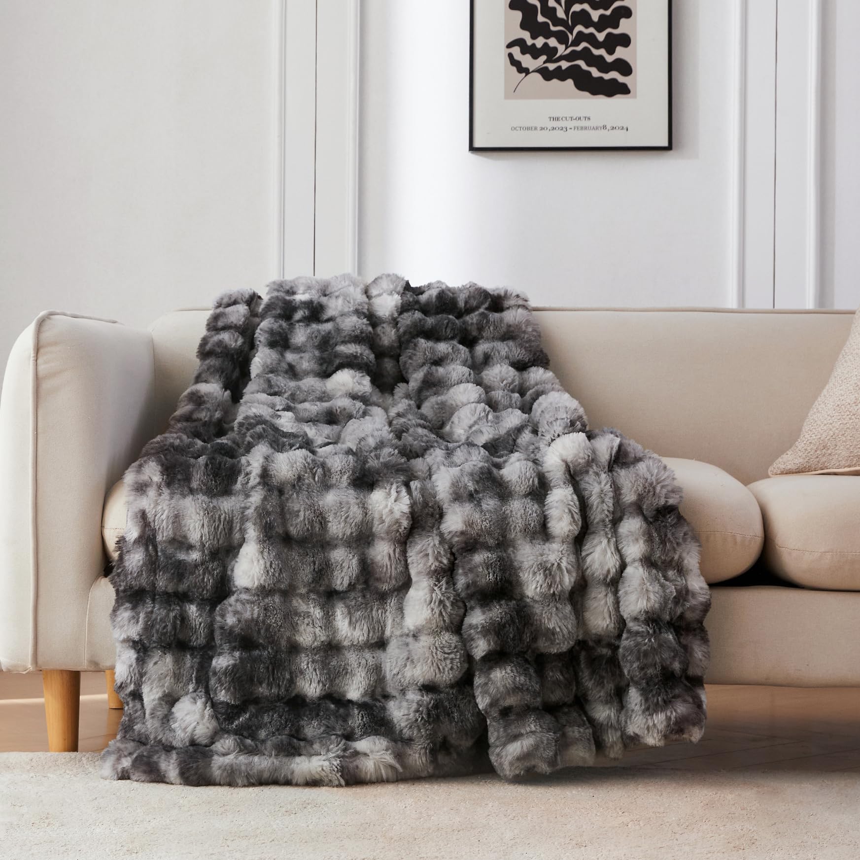 COOVA Faux Fur Throw Blanket for Couch, Cozy Soft and Fuzzy Plush Rabbit Fur Bubble Blanket for Sofa Bedroom Living Room, 60x80 Inches Tie Dye Brown