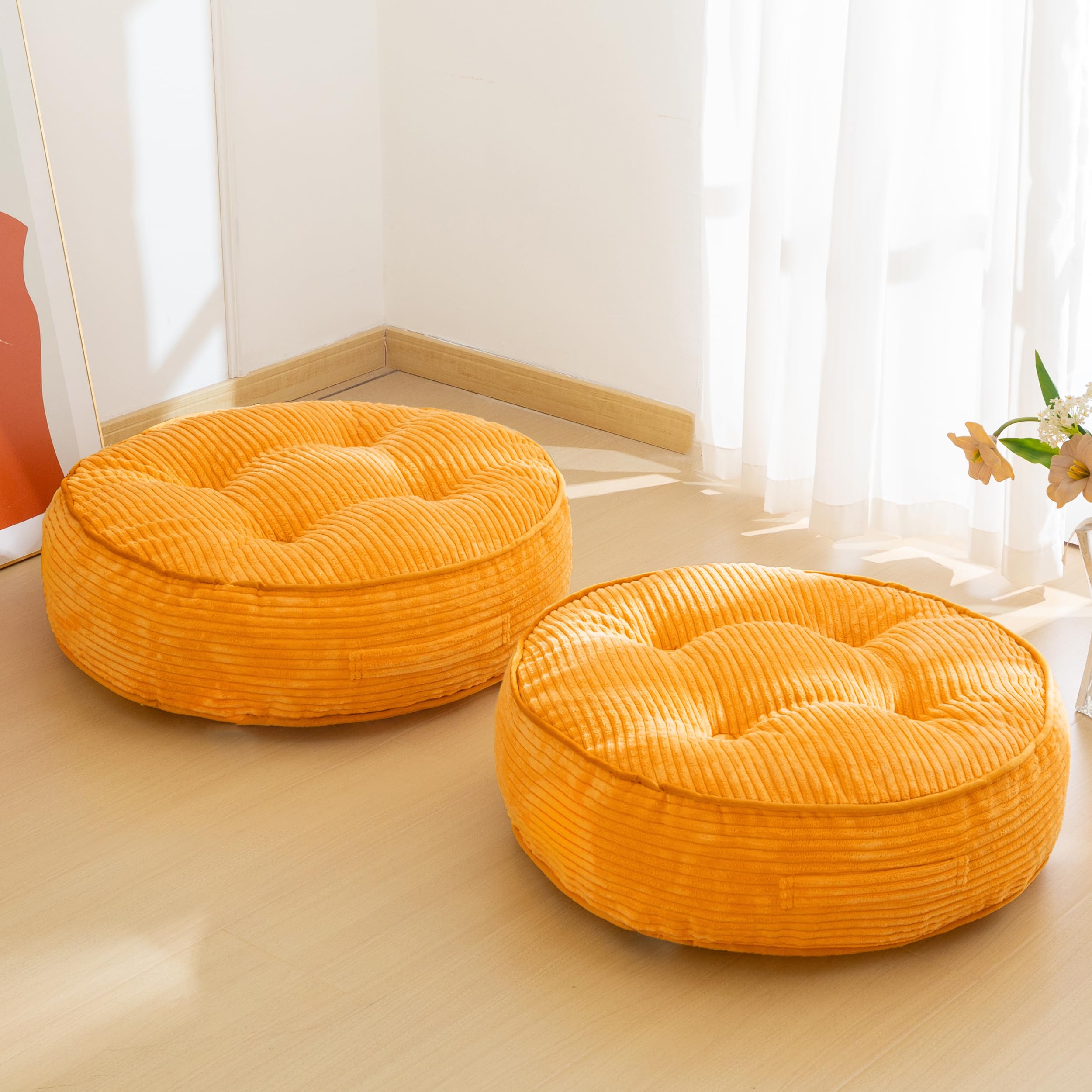 HIGOGOGO Floor Pillow Cushion for Adults, Meditation Cushion Pillow, Large Round Floor Sitting, Tufted Corduroy Cover, for Tatami Living Room or Yoga, 22x22 Inch, Beige