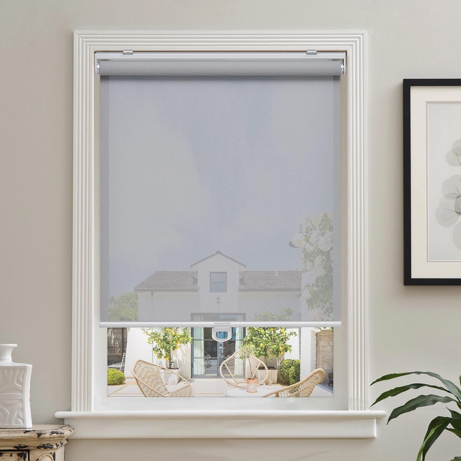 White Solar Roller Blinds 46"×72", Cordless Light Filtering Shades for Home & Office