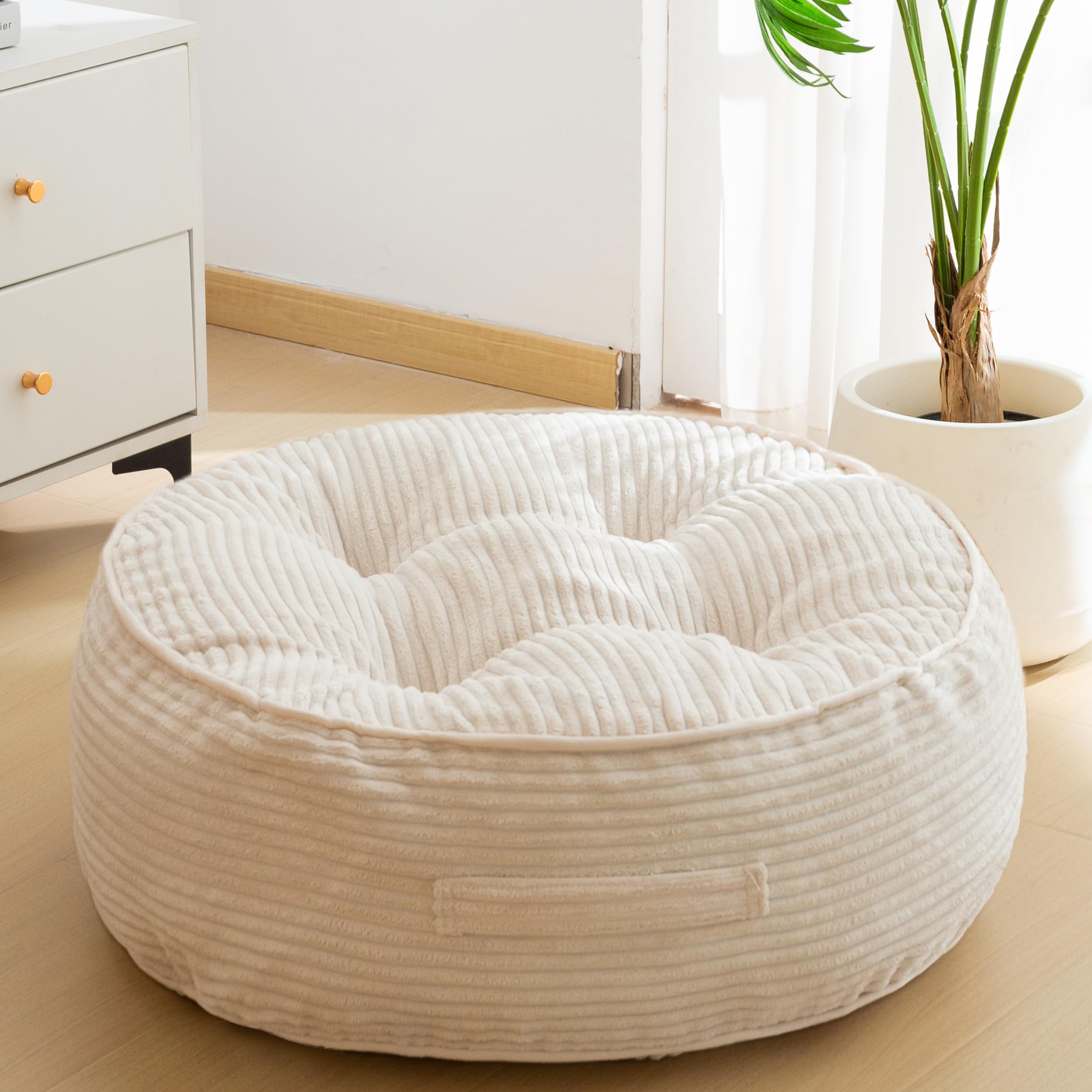 HIGOGOGO Floor Pillow Cushion for Adults, Meditation Cushion Pillow, Large Round Floor Sitting, Tufted Corduroy Cover, for Tatami Living Room or Yoga, 22x22 Inch, Beige