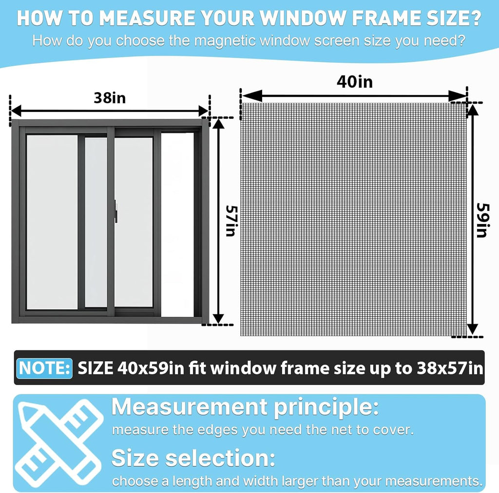 Magnetic Window Screen 40x59in, Residue-Free Adhesive with Long-Lasting Hold, Black Frame Black Fiberglass Mesh, Removable DIY Adjustable Screen for Window Frames