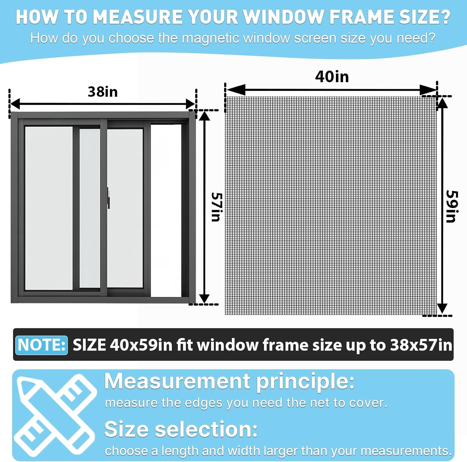Magnetic Window Screen 40x59in, Residue-Free Adhesive with Long-Lasting Hold, Black Frame Black Fiberglass Mesh, Removable DIY Adjustable Screen for Window Frames