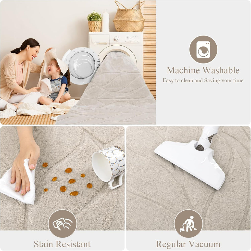 SHACOS Soft Area Rug for Living Room 8x10, Washable Non Slip Bedroom Rug Beige, Fluffy Large Rugs Carpet for Floor Living Room Kids Nursery Room, Home Decor Aesthetic - Leaf Pattern Design