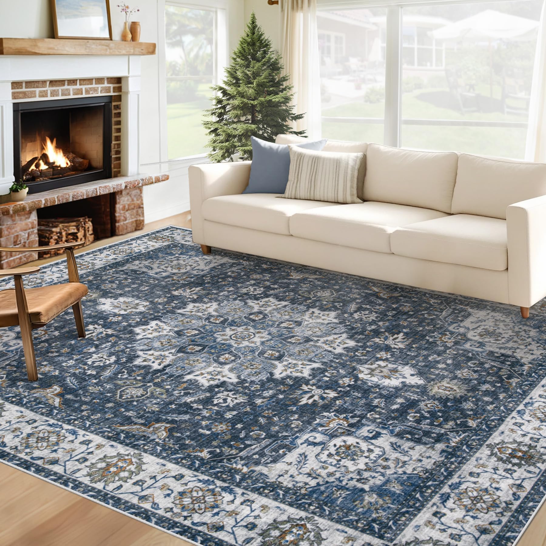 Beige 8x10ft Washable Boho Rug, Non-Slip Low Pile Carpet for Home & Office