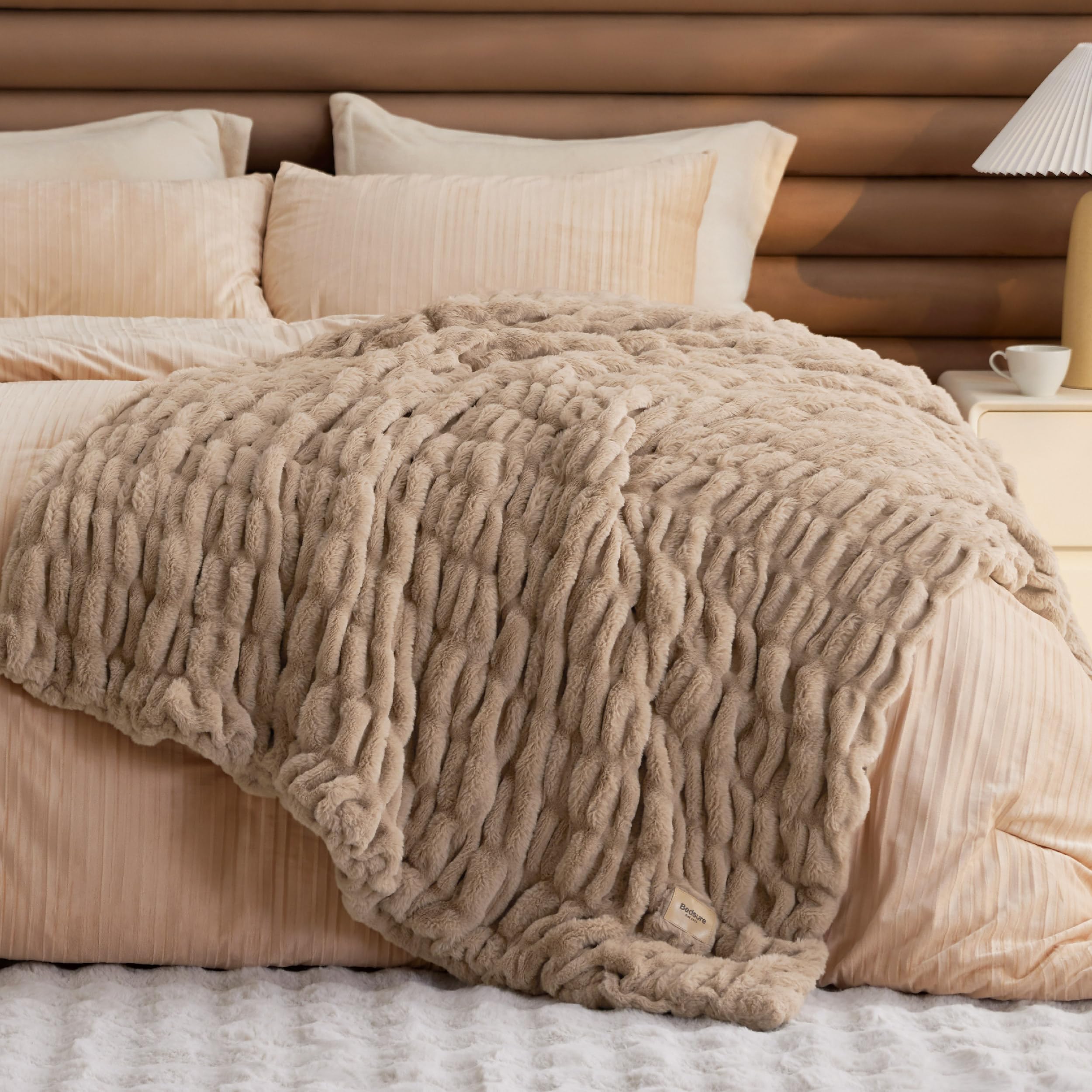 Bedsure Gentlesoft Fluffy Cozy Faux Fur Throw Blanket for Couch, Soft Fuzzy Plush Furry Blanket, Double-Sided Faux Rabbit Fur Thick Warm Chair Throws, Luxury Gifts for Women, 50" X 60", Light Brown