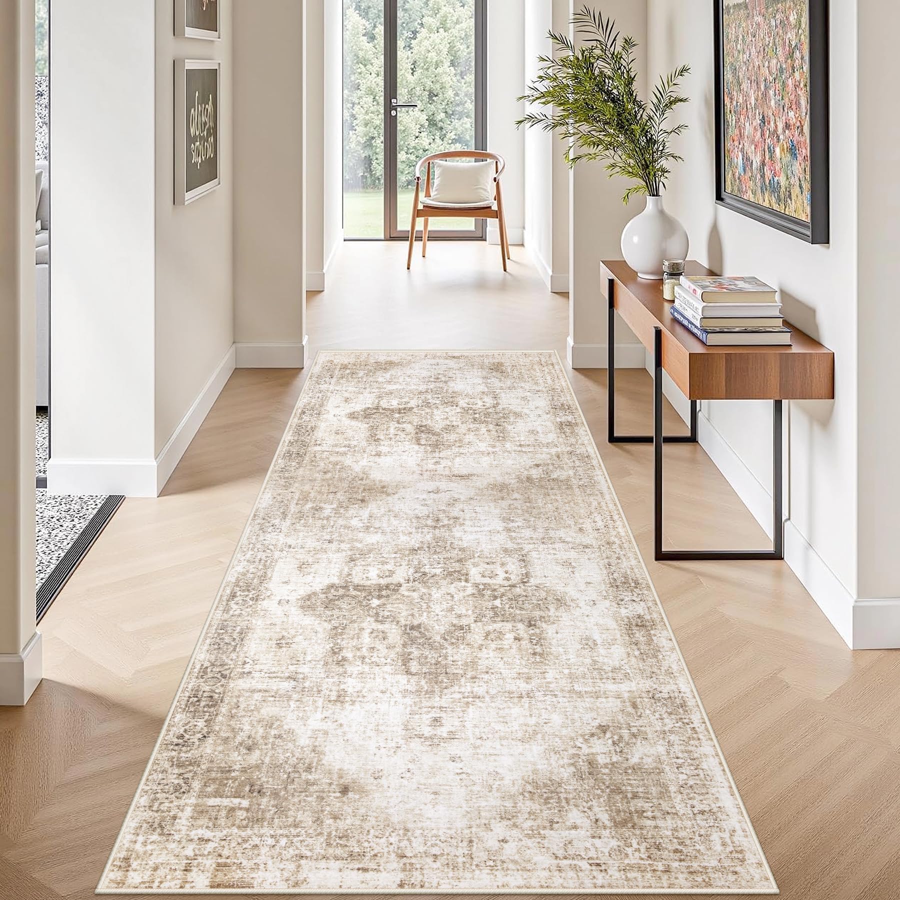 Beige 8x10ft Washable Boho Rug, Non-Slip Low Pile Carpet for Home & Office