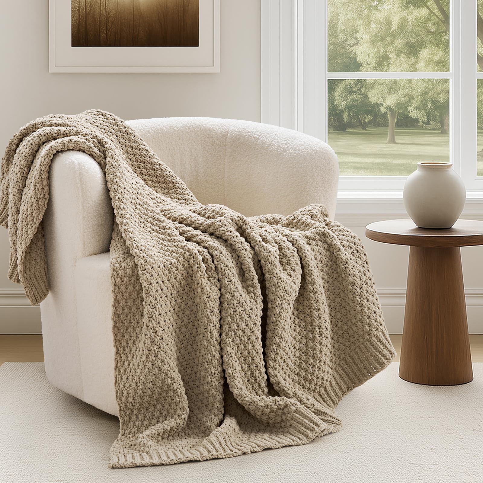 EVERGRACEHOME Modern Checkered Chenille Throw Blanket, Soft Cozy Plaid Knitted Chair Blanket for Sofa Couch, Decorative Knit Throw for Bed and Living Room, Sand Dune, 50" x 60"