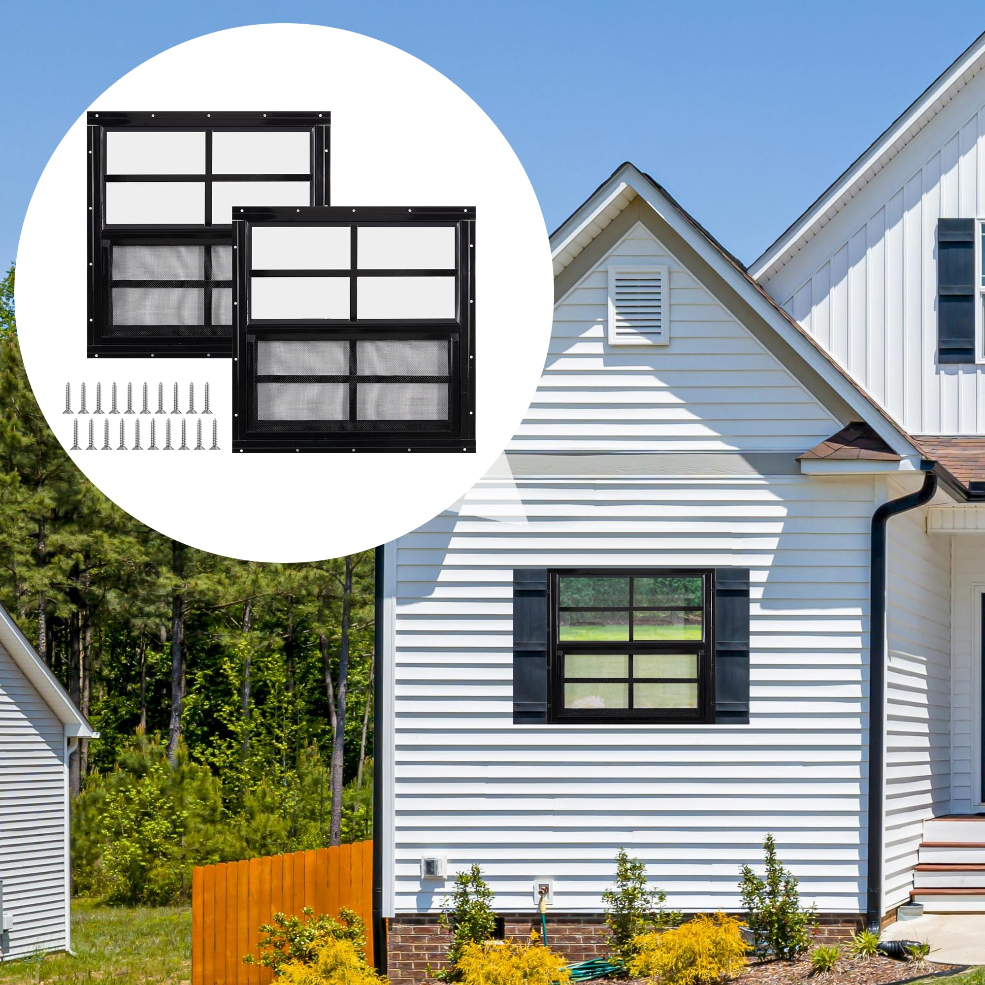 2 Pack Shed Windows, 24'' x 27'' Household Windows with Tempered Glass and Fiberglass Screen for Shed, Flush Mount Sliding Window for Chicken Coop, Playhouse, Garage, White