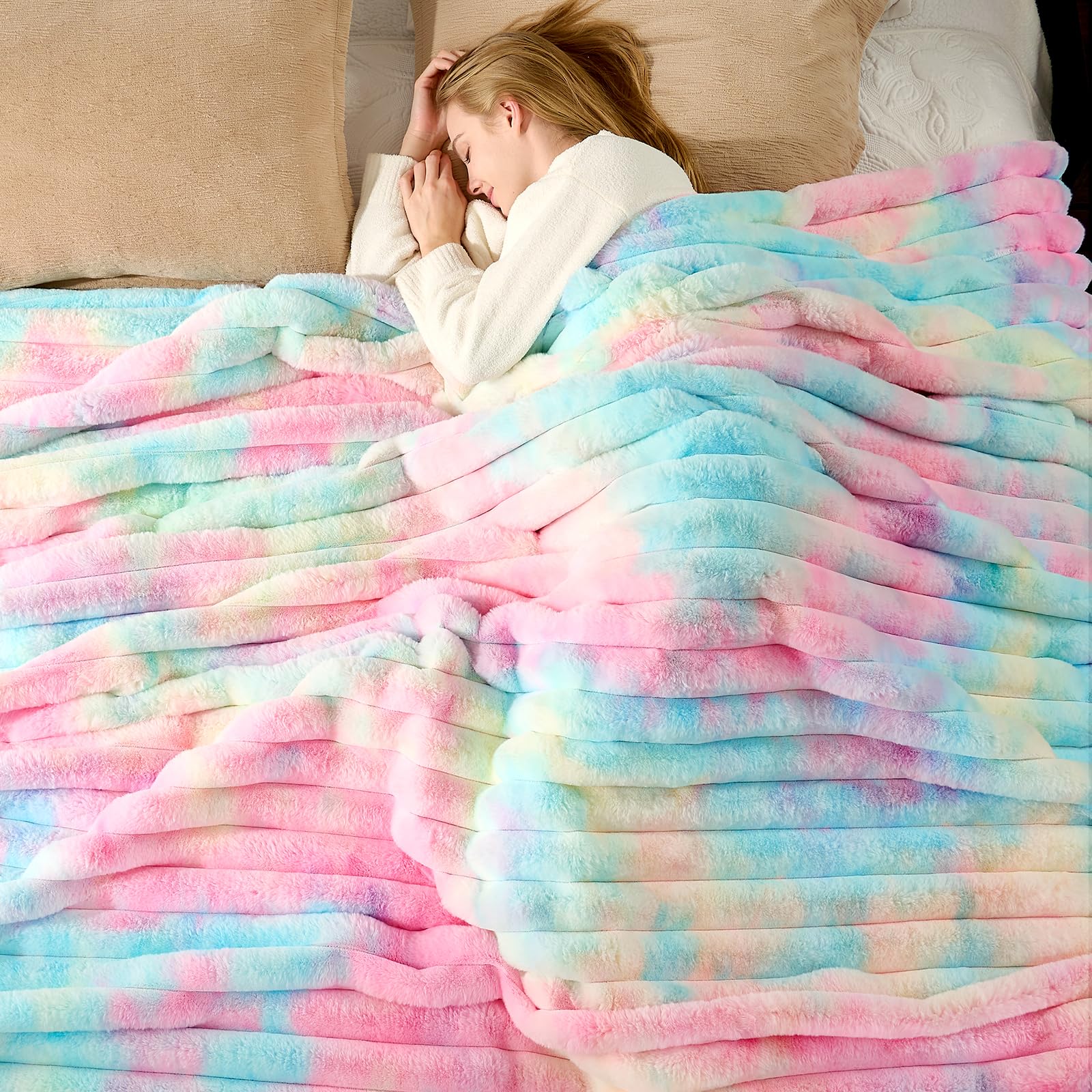 Cozy Bliss Faux Fur Throw Blanket for Couch, Cozy Warm Plush Striped Blanket for Sofa Bedroom Living Room, 60 * 80 Inches Cream White