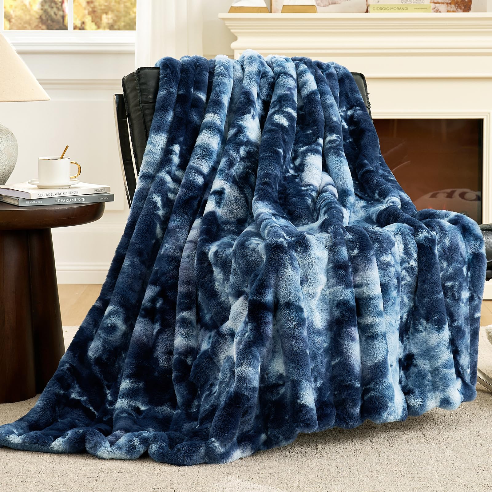 Cozy Bliss Deluxe Sheared Rabbit Faux Fur Throw Blanket, Soft Fuzzy High-Low Sculpted Plush Blanket for Couch, Cozy Home Accent, All Season Use, Beige 50"x60"
