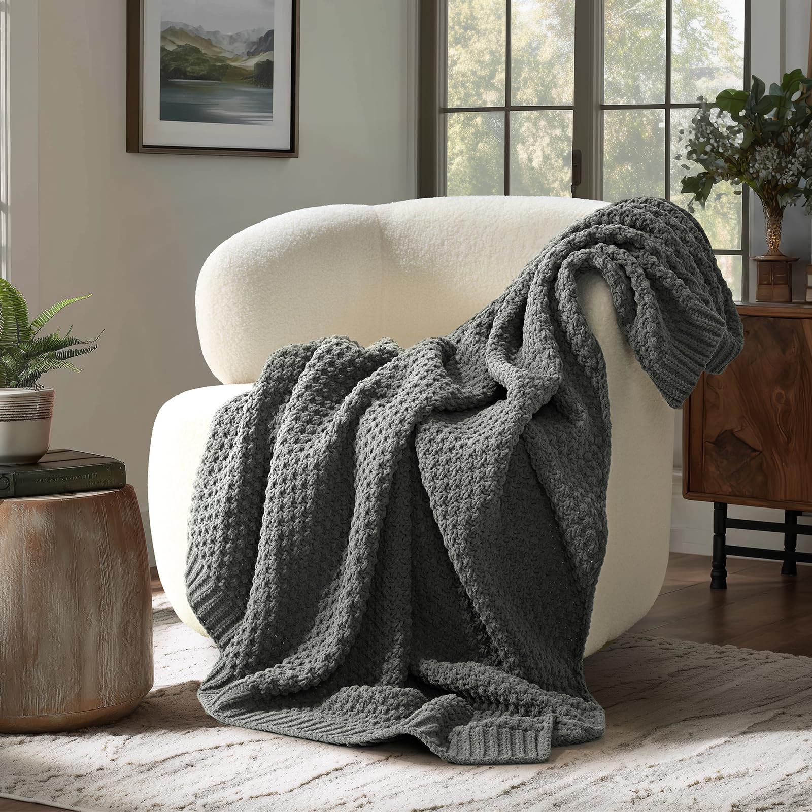 EVERGRACEHOME Modern Checkered Chenille Throw Blanket, Soft Cozy Plaid Knitted Chair Blanket for Sofa Couch, Decorative Knit Throw for Bed and Living Room, Sand Dune, 50" x 60"