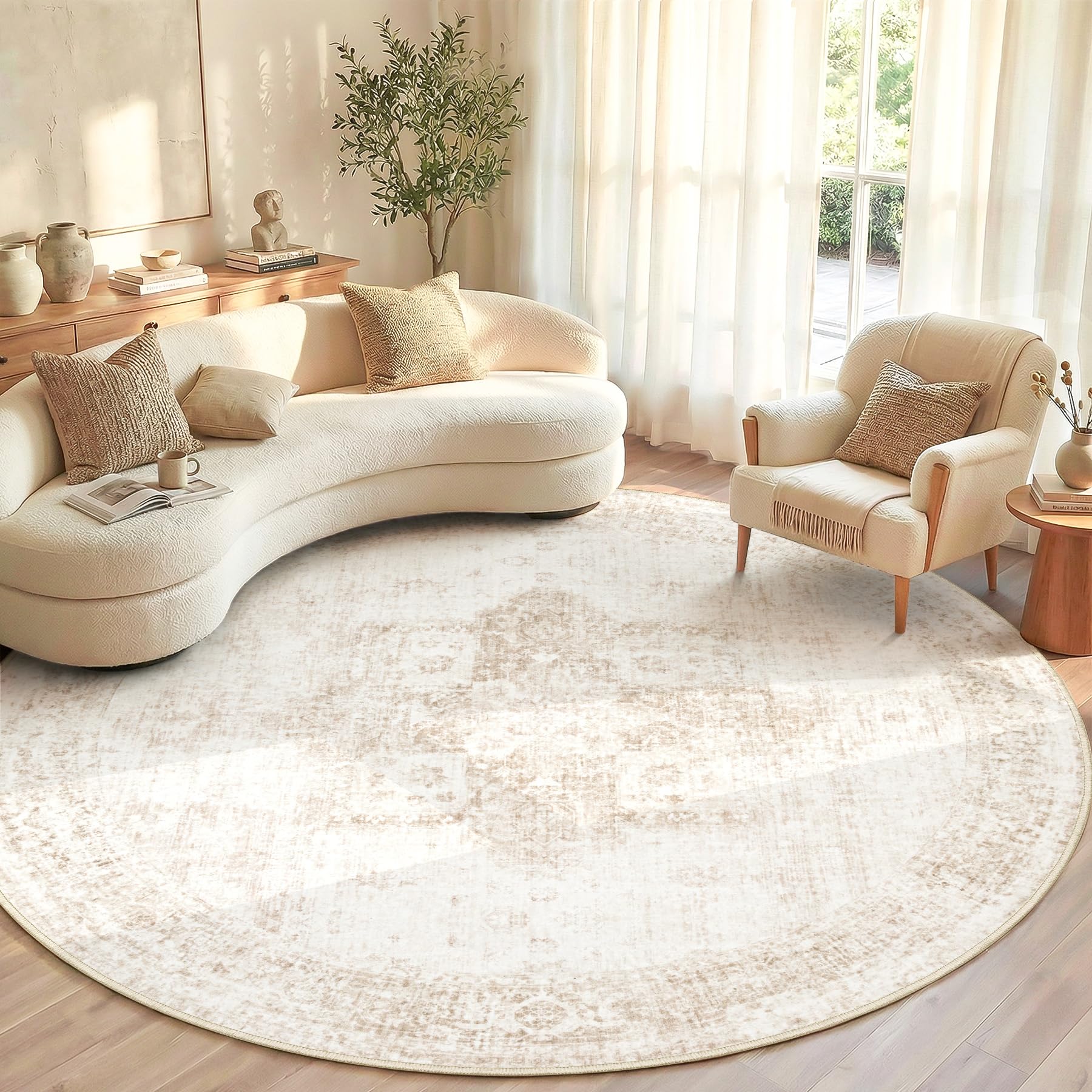 Beige 8x10ft Washable Boho Rug, Non-Slip Low Pile Carpet for Home & Office