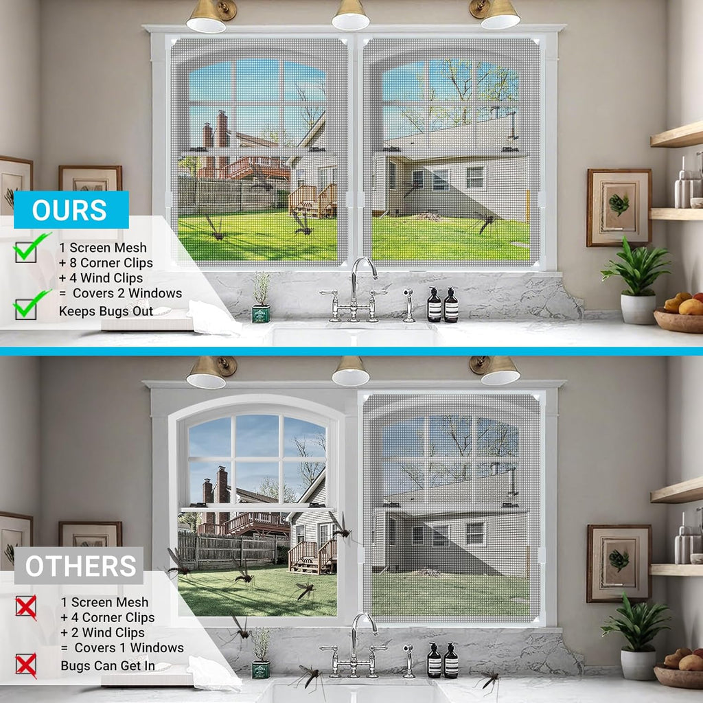 Easy-Install DIY Magnetic RV Window Screen - 1 Cut to Fit Screen Mesh (Up to 36x56") + Extra Corner & Wind Clips for 2 Windows, Heavy Duty for Camper/Travel Trailer - Keeps Bugs Out