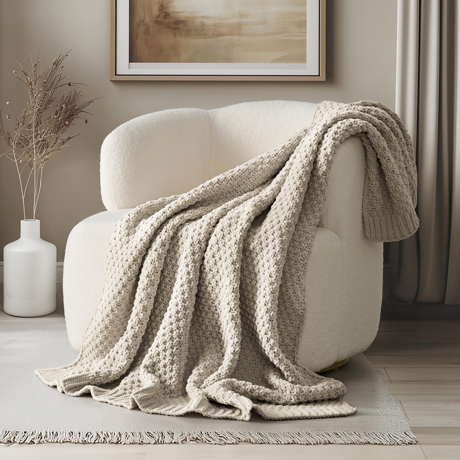 EVERGRACEHOME Modern Checkered Chenille Throw Blanket, Soft Cozy Plaid Knitted Chair Blanket for Sofa Couch, Decorative Knit Throw for Bed and Living Room, Sand Dune, 50" x 60"