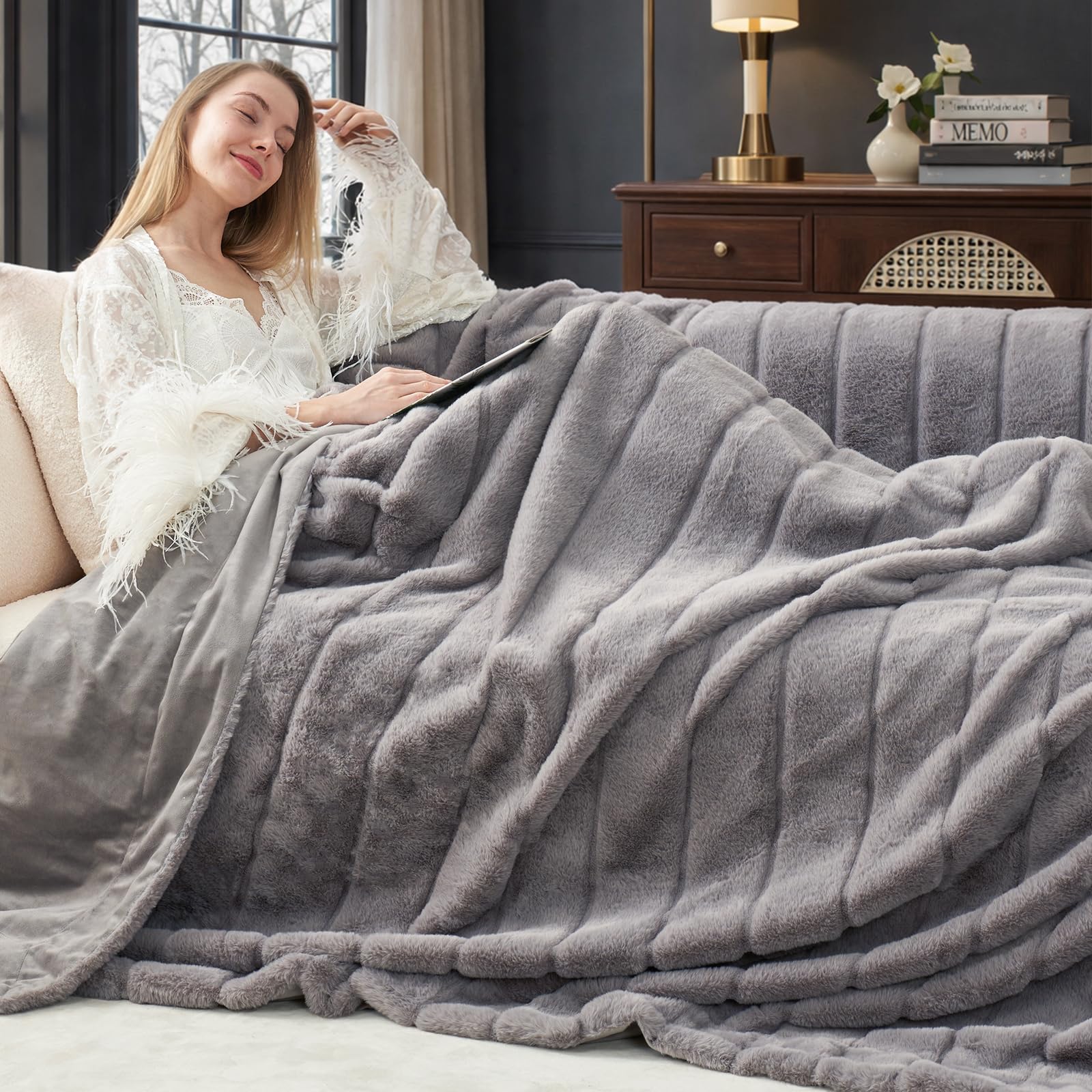 Cozy Bliss Deluxe Sheared Rabbit Faux Fur Throw Blanket, Soft Fuzzy High-Low Sculpted Plush Blanket for Couch, Cozy Home Accent, All Season Use, Beige 50"x60"