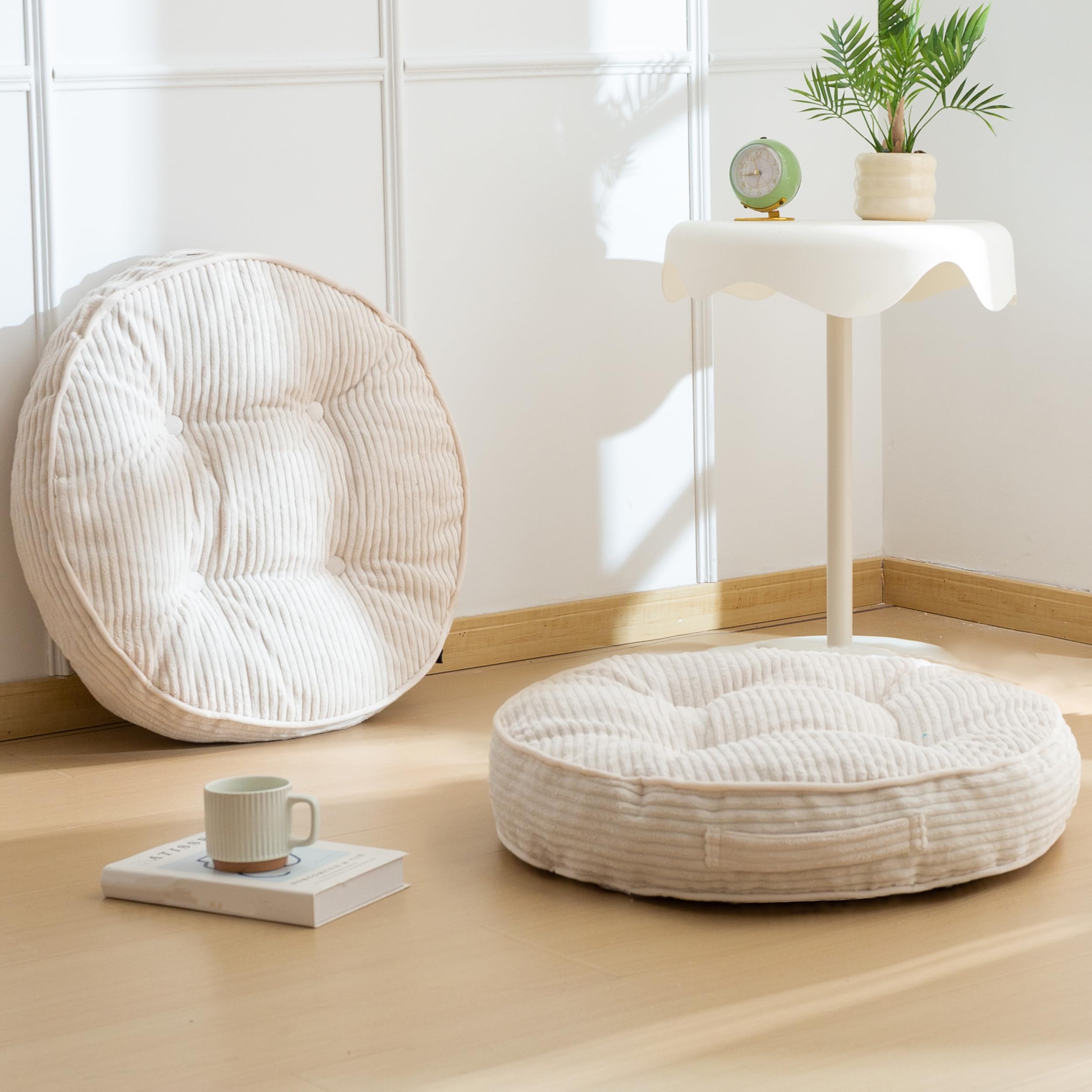 HIGOGOGO Floor Pillow Cushion for Adults, Meditation Cushion Pillow, Large Round Floor Sitting, Tufted Corduroy Cover, for Tatami Living Room or Yoga, 22x22 Inch, Beige