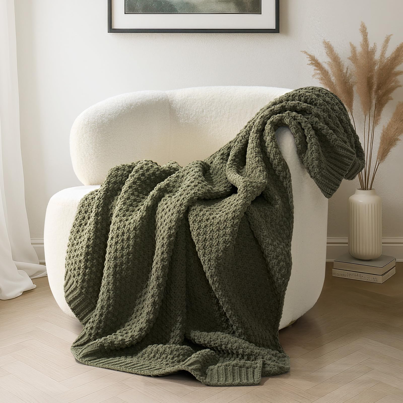 EVERGRACEHOME Modern Checkered Chenille Throw Blanket, Soft Cozy Plaid Knitted Chair Blanket for Sofa Couch, Decorative Knit Throw for Bed and Living Room, Sand Dune, 50" x 60"
