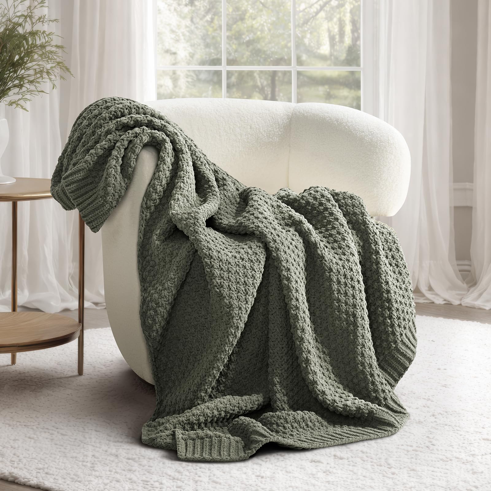 EVERGRACEHOME Modern Checkered Chenille Throw Blanket, Soft Cozy Plaid Knitted Chair Blanket for Sofa Couch, Decorative Knit Throw for Bed and Living Room, Sand Dune, 50" x 60"