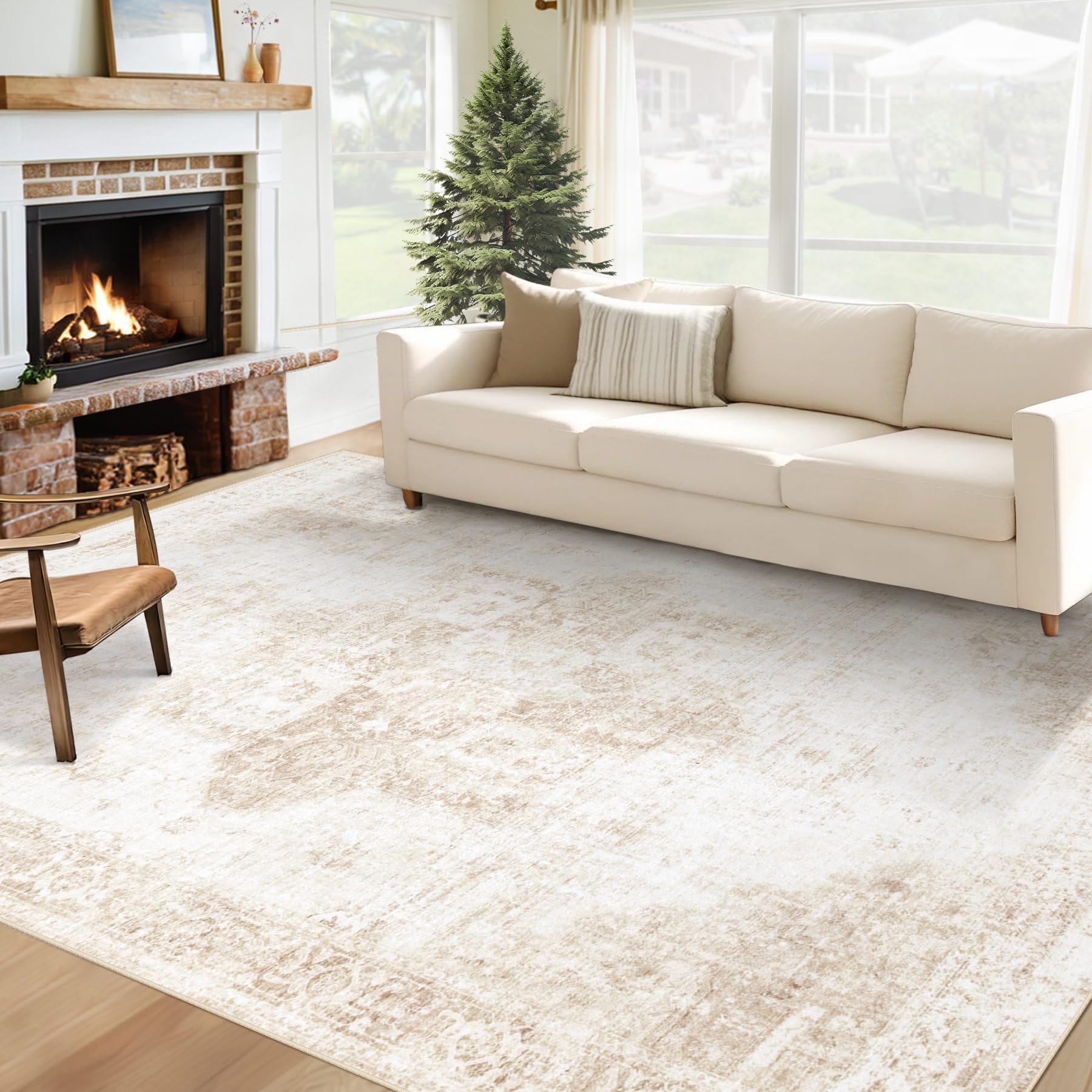 Beige 8x10ft Washable Boho Rug, Non-Slip Low Pile Carpet for Home & Office