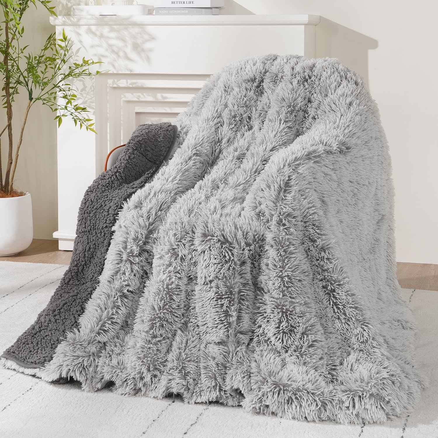 Wemore Shaggy Long Fur Faux Fur Weighted Blanket, Cozy and Fluffy Plush Sherpa Long Hair Blanket for Adult 15lbs, Fluffy Fuzzy Sherpa Reverse Heavy Blankets for Bed, Couch, Cream White, 60 x 80 Inches