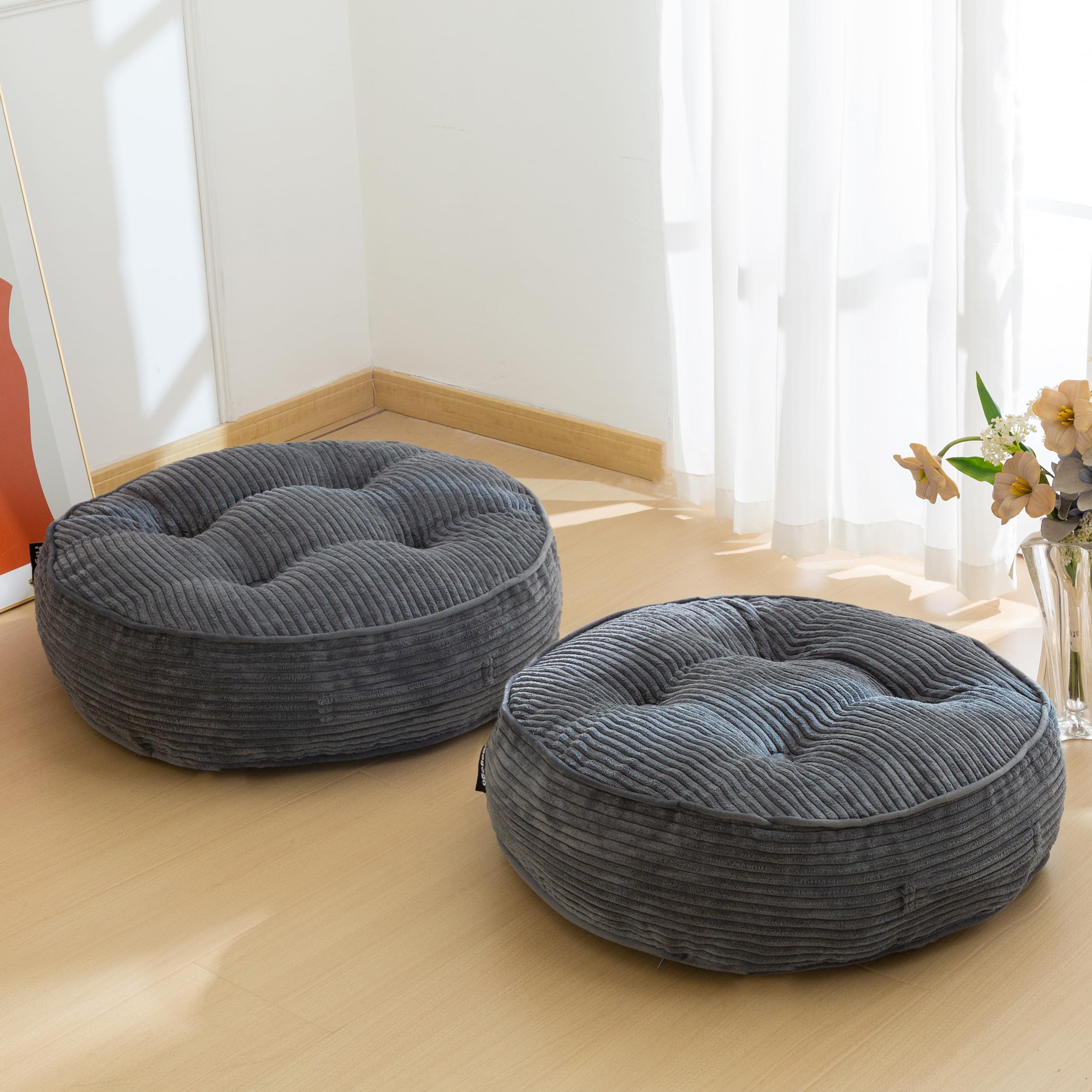 HIGOGOGO Floor Pillow Cushion for Adults, Meditation Cushion Pillow, Large Round Floor Sitting, Tufted Corduroy Cover, for Tatami Living Room or Yoga, 22x22 Inch, Beige