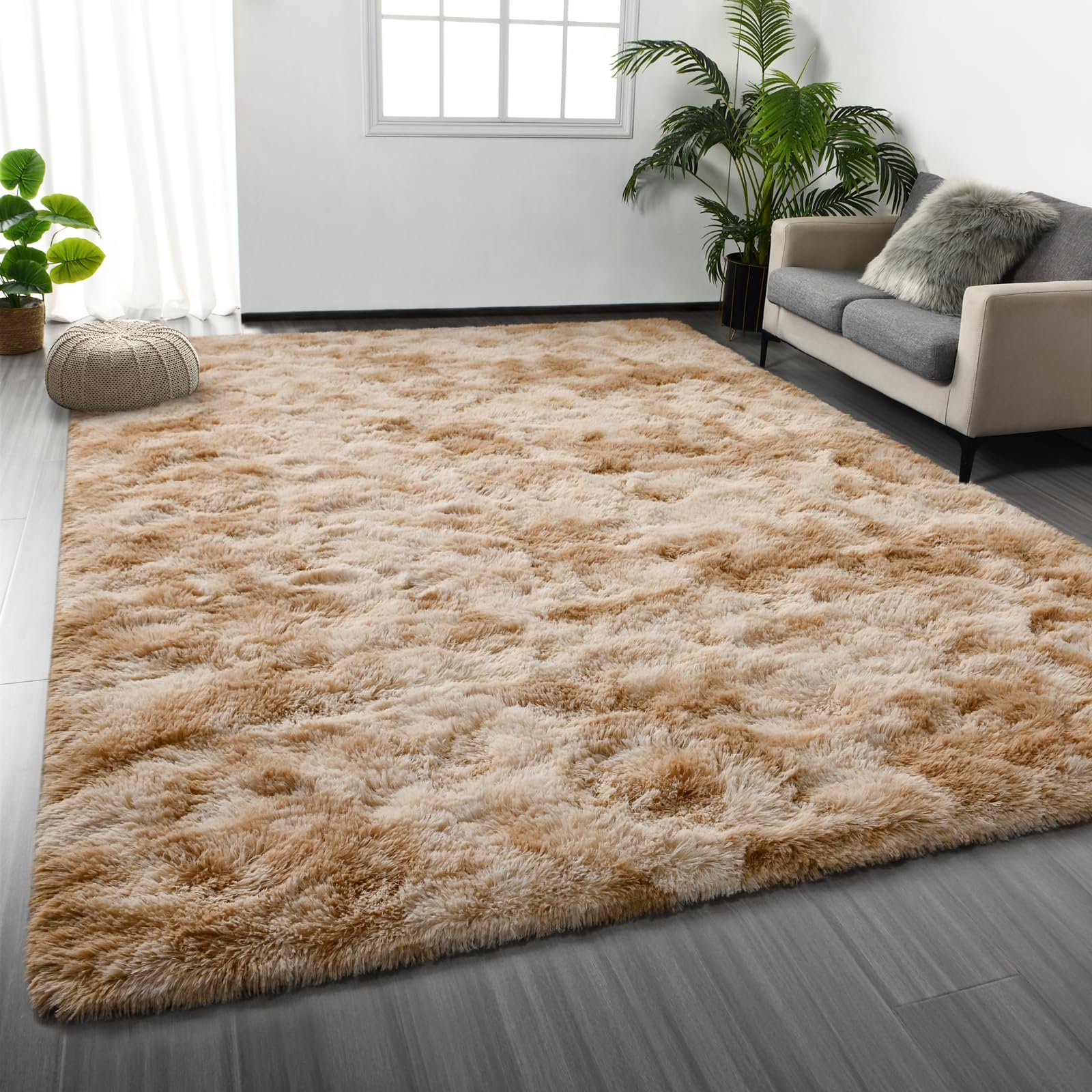 Deerhoo Large Shag Area Rugs 6 x 9, Tie-Dyed Plush Fuzzy Rug for Living Room, Ultra Soft Fluffy Furry Rugs for Bedroom, Indoor Carpet Nursery Rugs for Kids Room Home Decor, Light Grey