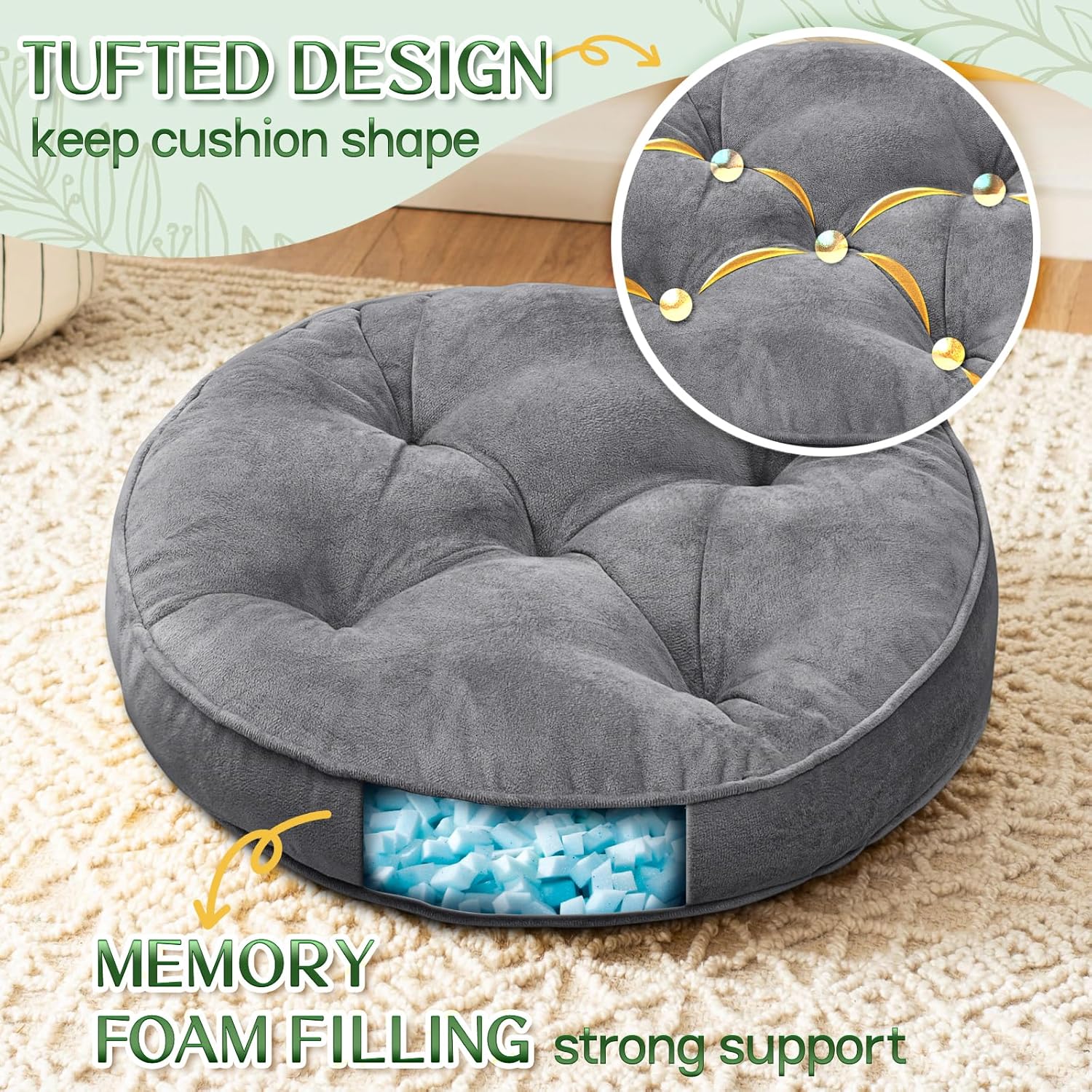 1 MIDDLE ONE Floor Pillow Set of 2, Memory Foam Meditation Cushion, Floor Cushions for Adults Sitting, Large Round Seat Cushions for Yoga, Living Room, 20x20 Inch (Round | Grey)