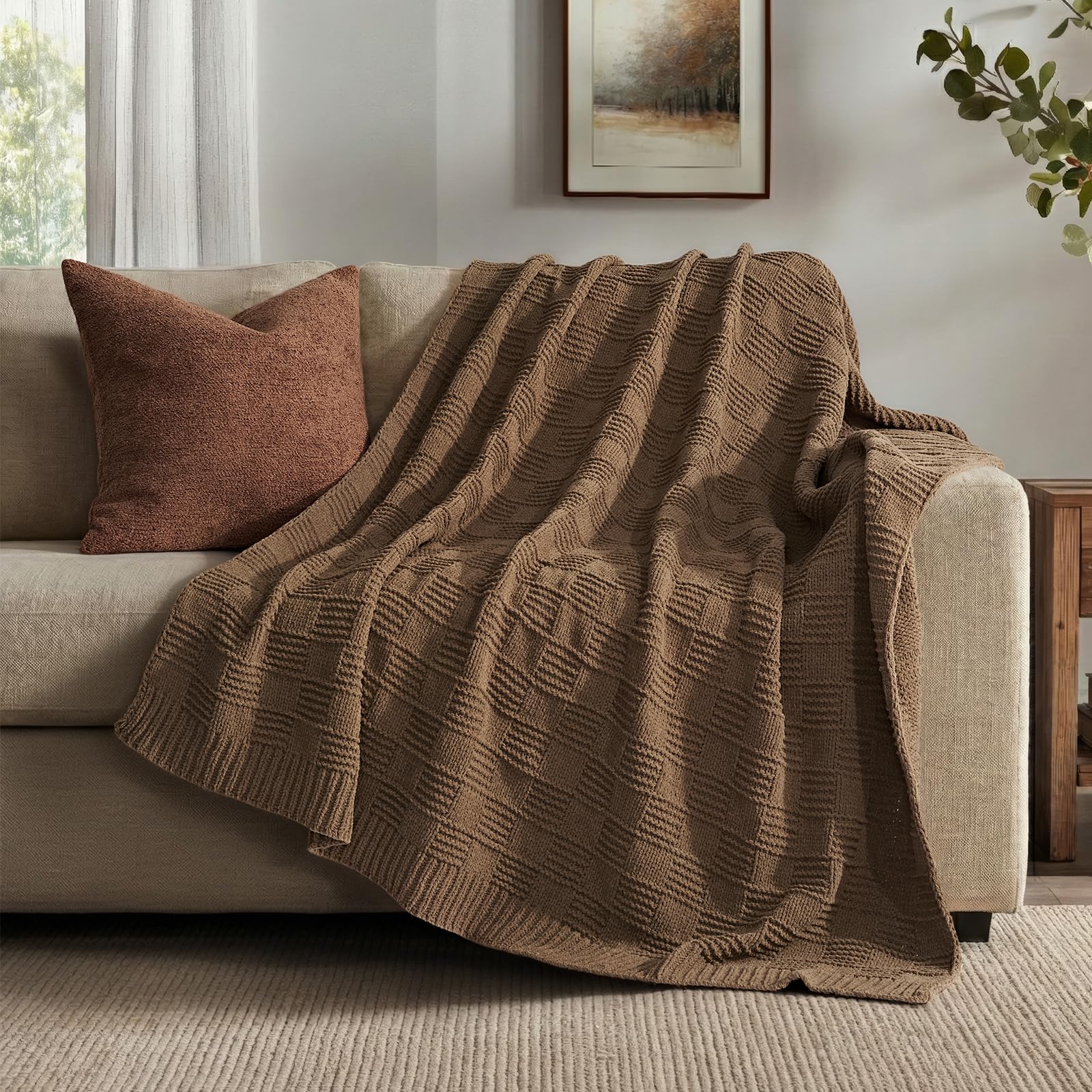 EVERGRACEHOME Modern Checkered Chenille Throw Blanket, Soft Cozy Plaid Knitted Chair Blanket for Sofa Couch, Decorative Knit Throw for Bed and Living Room, Sand Dune, 50" x 60"