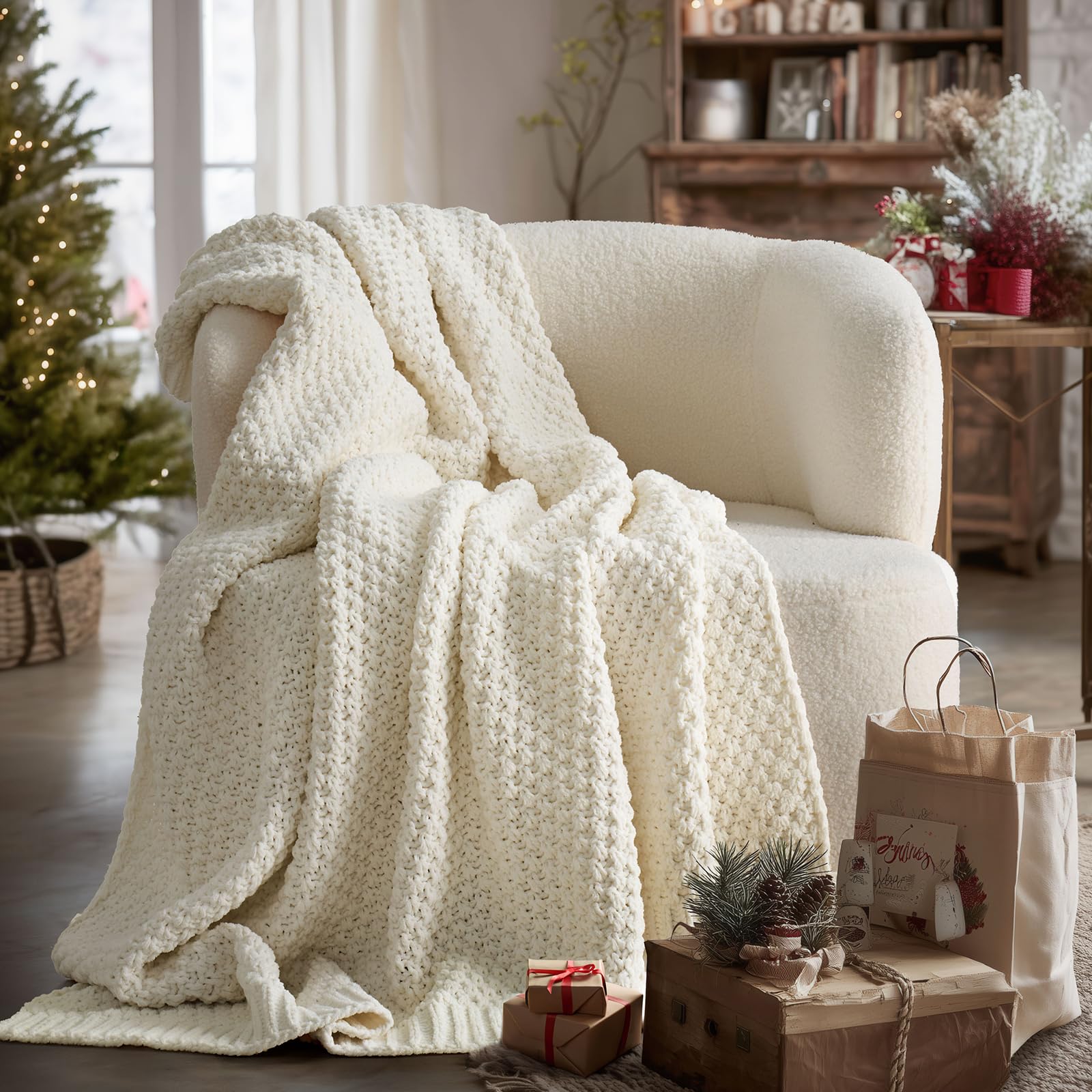 EVERGRACEHOME Modern Checkered Chenille Throw Blanket, Soft Cozy Plaid Knitted Chair Blanket for Sofa Couch, Decorative Knit Throw for Bed and Living Room, Sand Dune, 50" x 60"