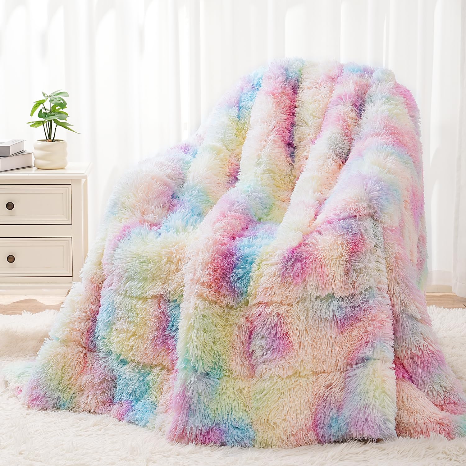 Wemore Shaggy Long Fur Faux Fur Weighted Blanket, Cozy and Fluffy Plush Sherpa Long Hair Blanket for Adult 15lbs, Fluffy Fuzzy Sherpa Reverse Heavy Blankets for Bed, Couch, Cream White, 60 x 80 Inches