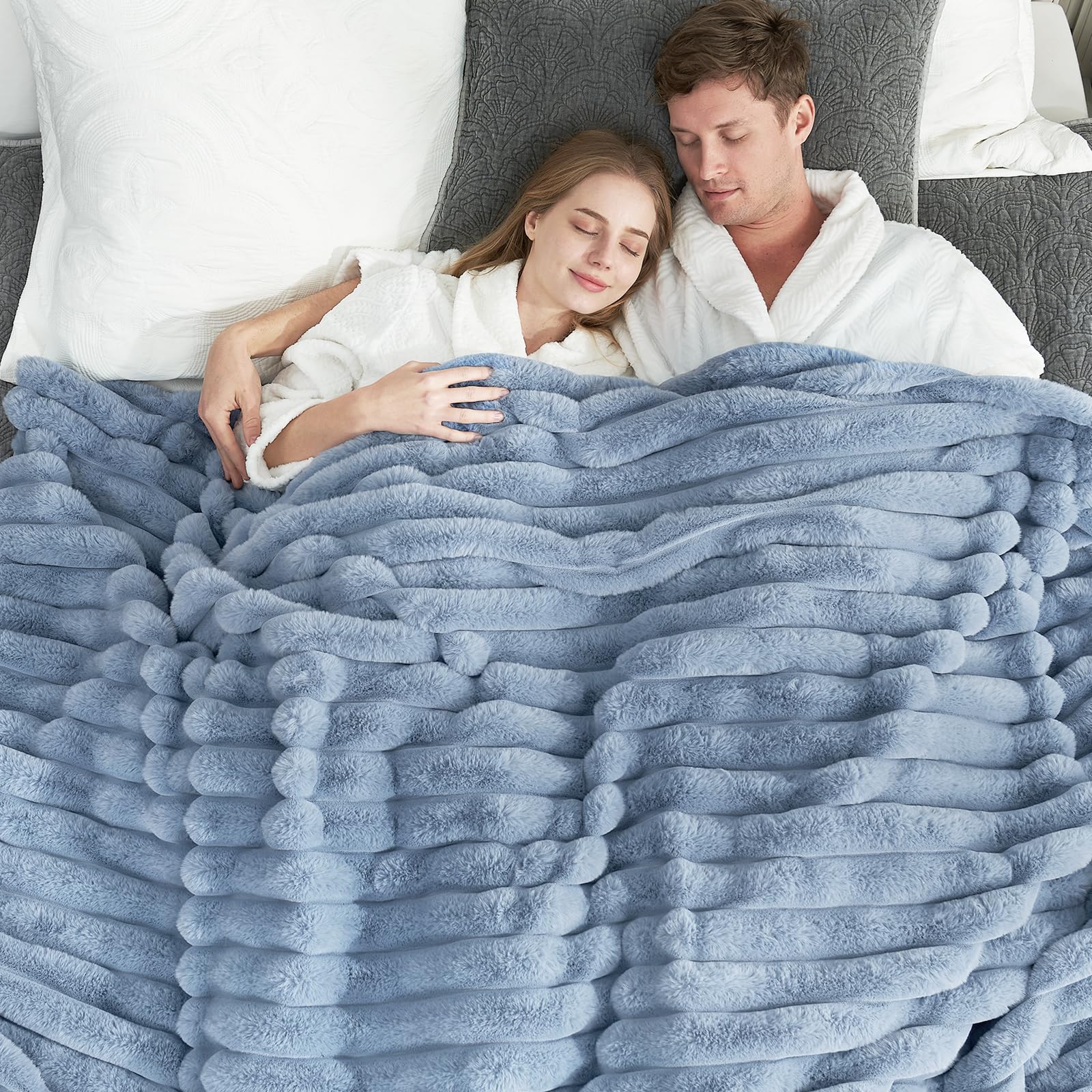 Cozy Bliss Faux Fur Throw Blanket for Couch, Cozy Warm Plush Striped Blanket for Sofa Bedroom Living Room, 60 * 80 Inches Cream White