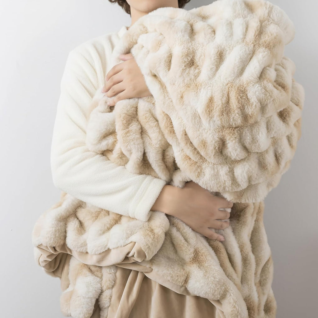 WDCOZY Ruched Faux Fur Throw Blanket Soft Cozy Fluffy Luxurious Blankets Couch Bed Sofa Chair Home Decor Warm Furry Fall Winter Plush Rabbit Fur Bubble Blanket 50" x 60", Caramel Beige Camel Neutral