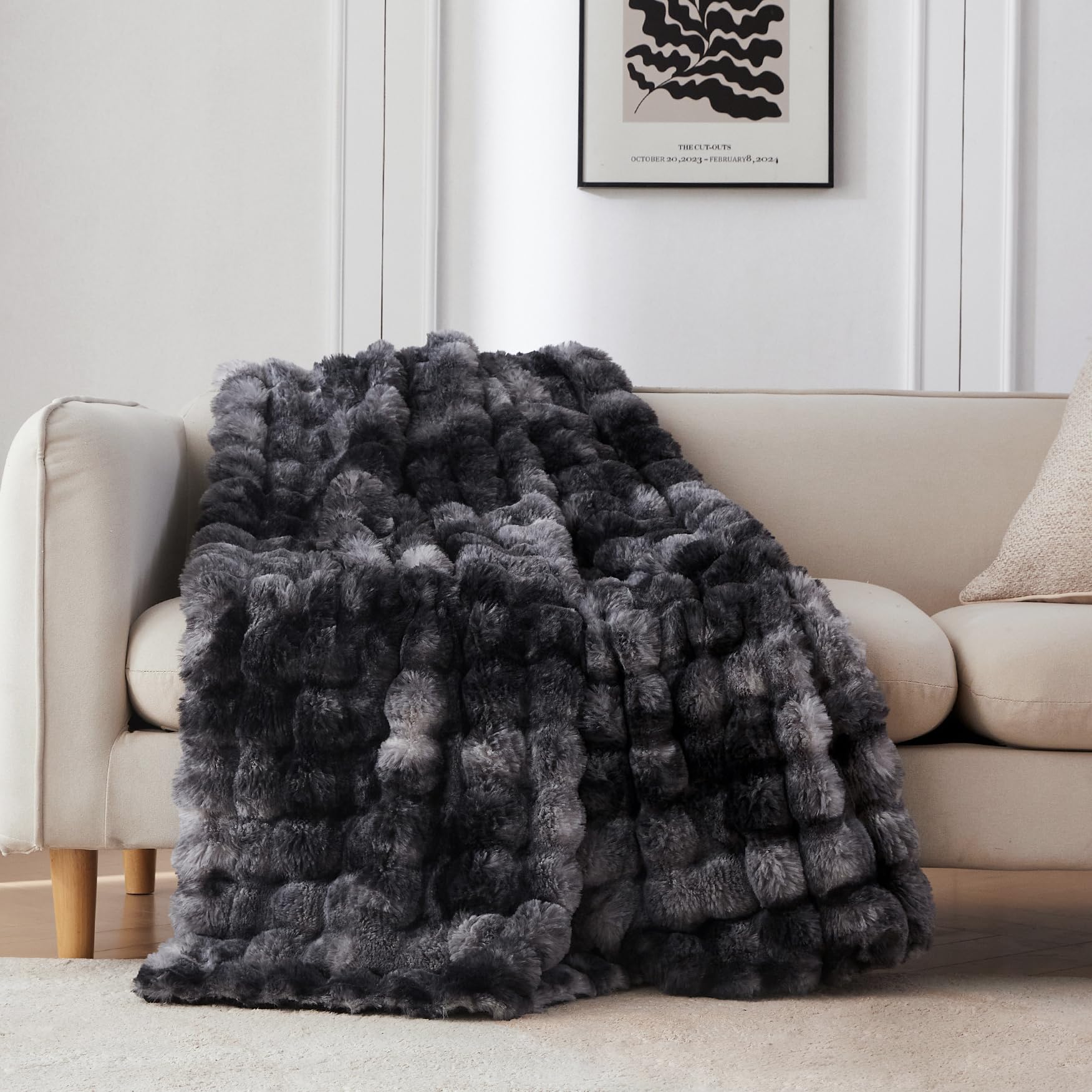COOVA Faux Fur Throw Blanket for Couch, Cozy Soft and Fuzzy Plush Rabbit Fur Bubble Blanket for Sofa Bedroom Living Room, 60x80 Inches Tie Dye Brown